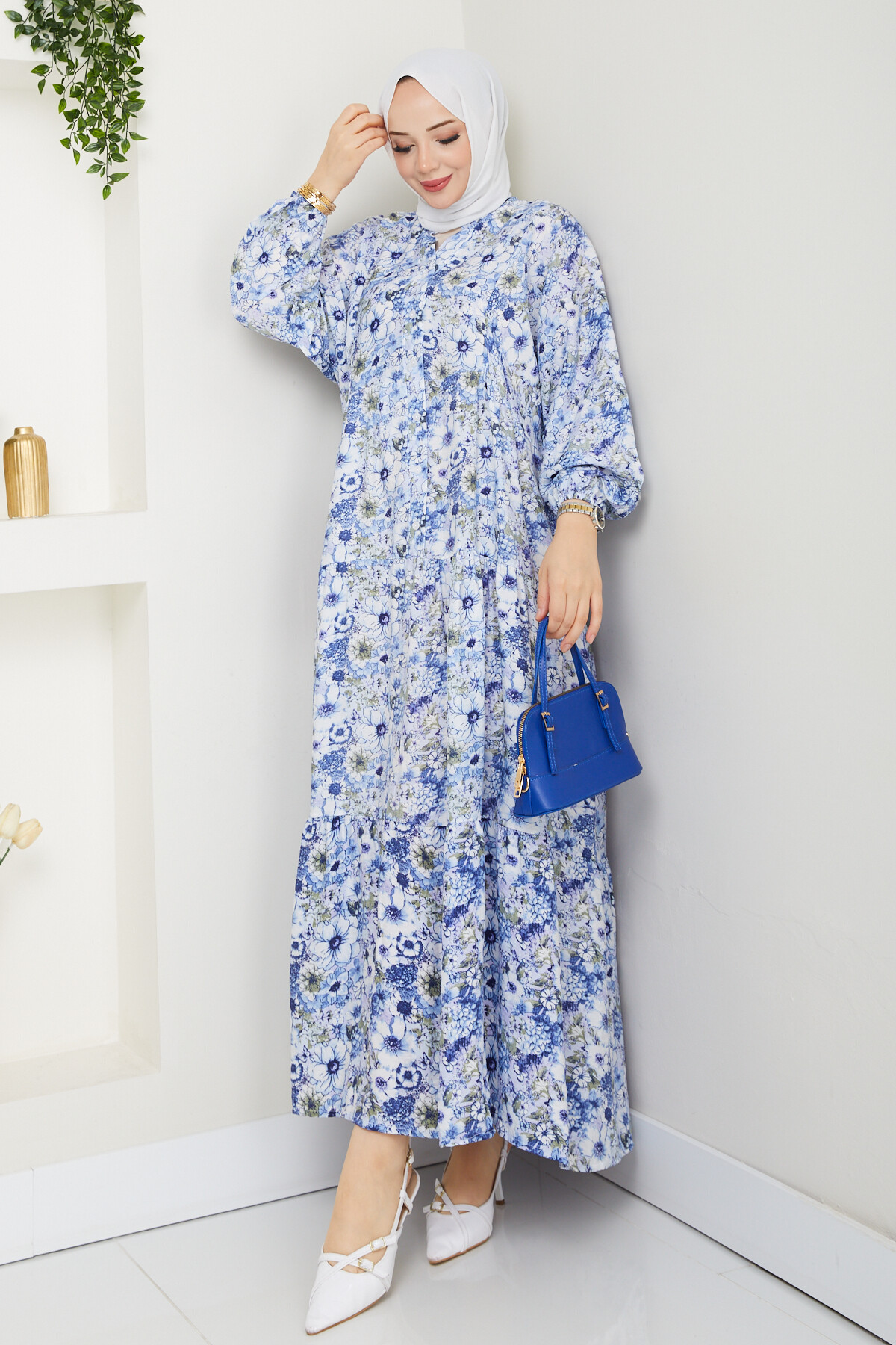 MANGO KÜÇÜK DESENLİ SALAŞ ELBİSE-MAVİ