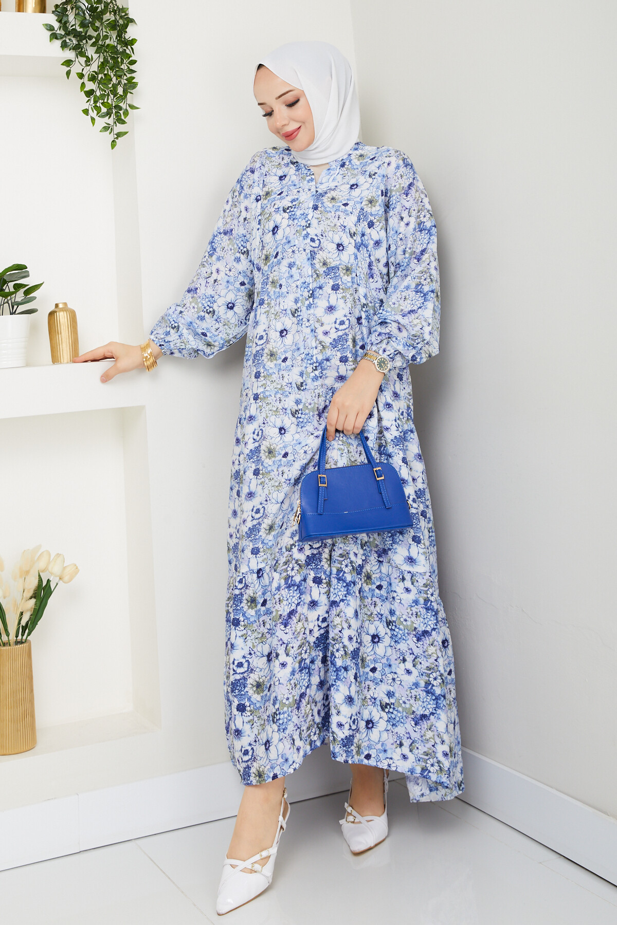 MANGO KÜÇÜK DESENLİ SALAŞ ELBİSE-MAVİ