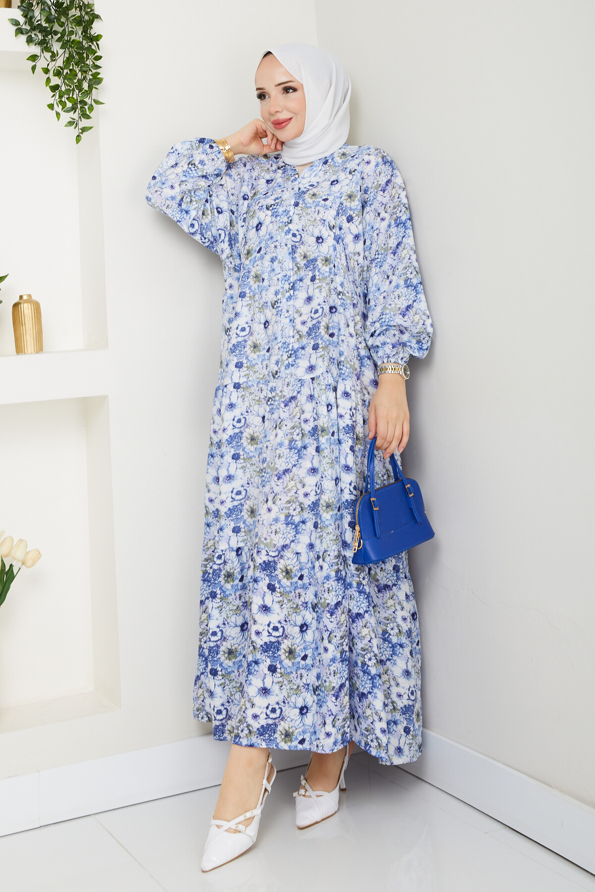 MANGO KÜÇÜK DESENLİ SALAŞ ELBİSE-MAVİ