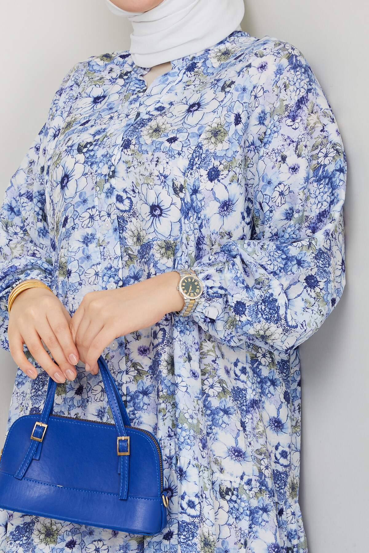 MANGO KÜÇÜK DESENLİ SALAŞ ELBİSE-MAVİ