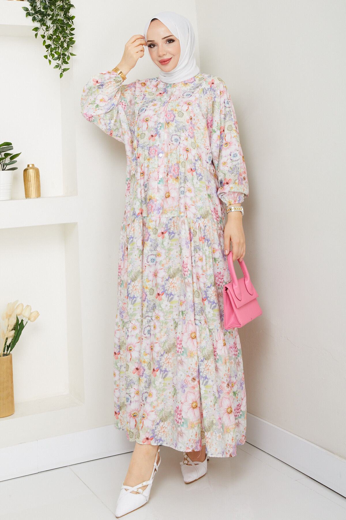 MANGO KÜÇÜK DESENLİ SALAŞ ELBİSE-PEMBE