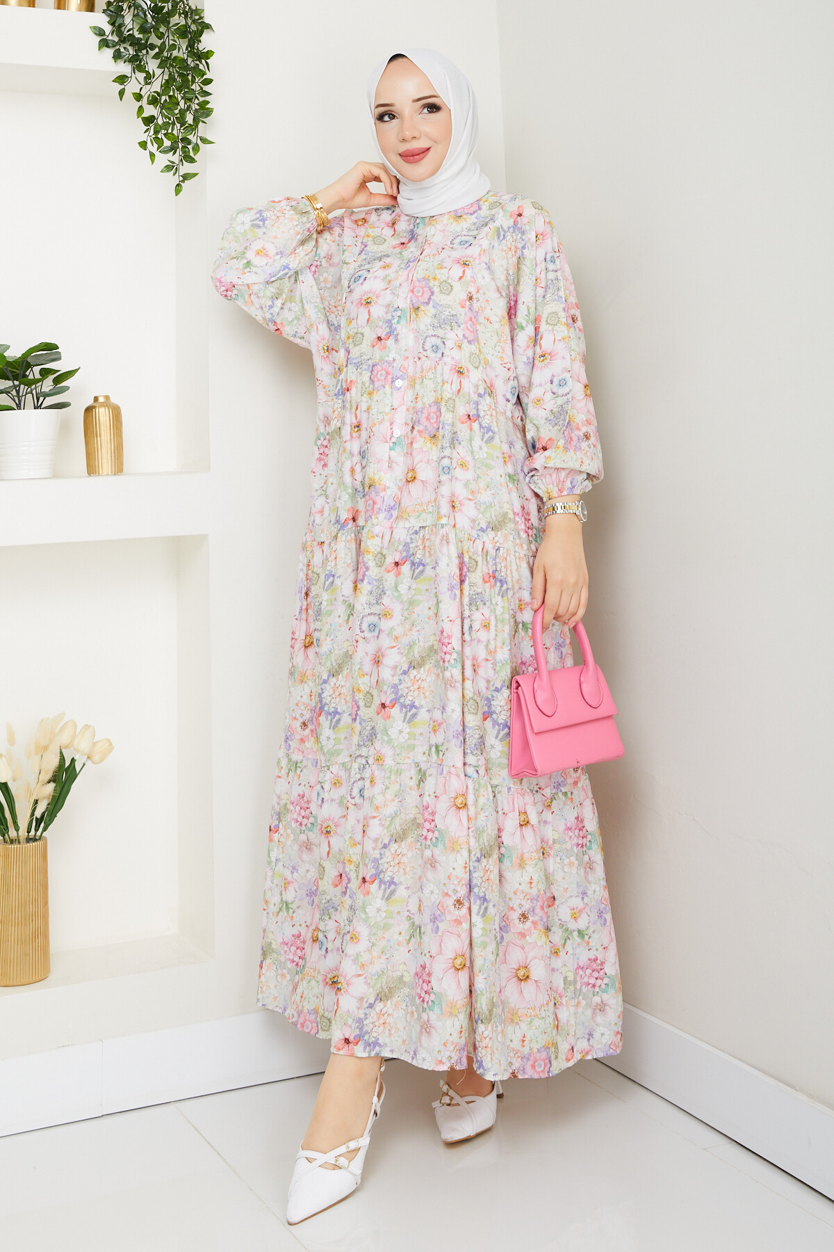 MANGO KÜÇÜK DESENLİ SALAŞ ELBİSE-PEMBE