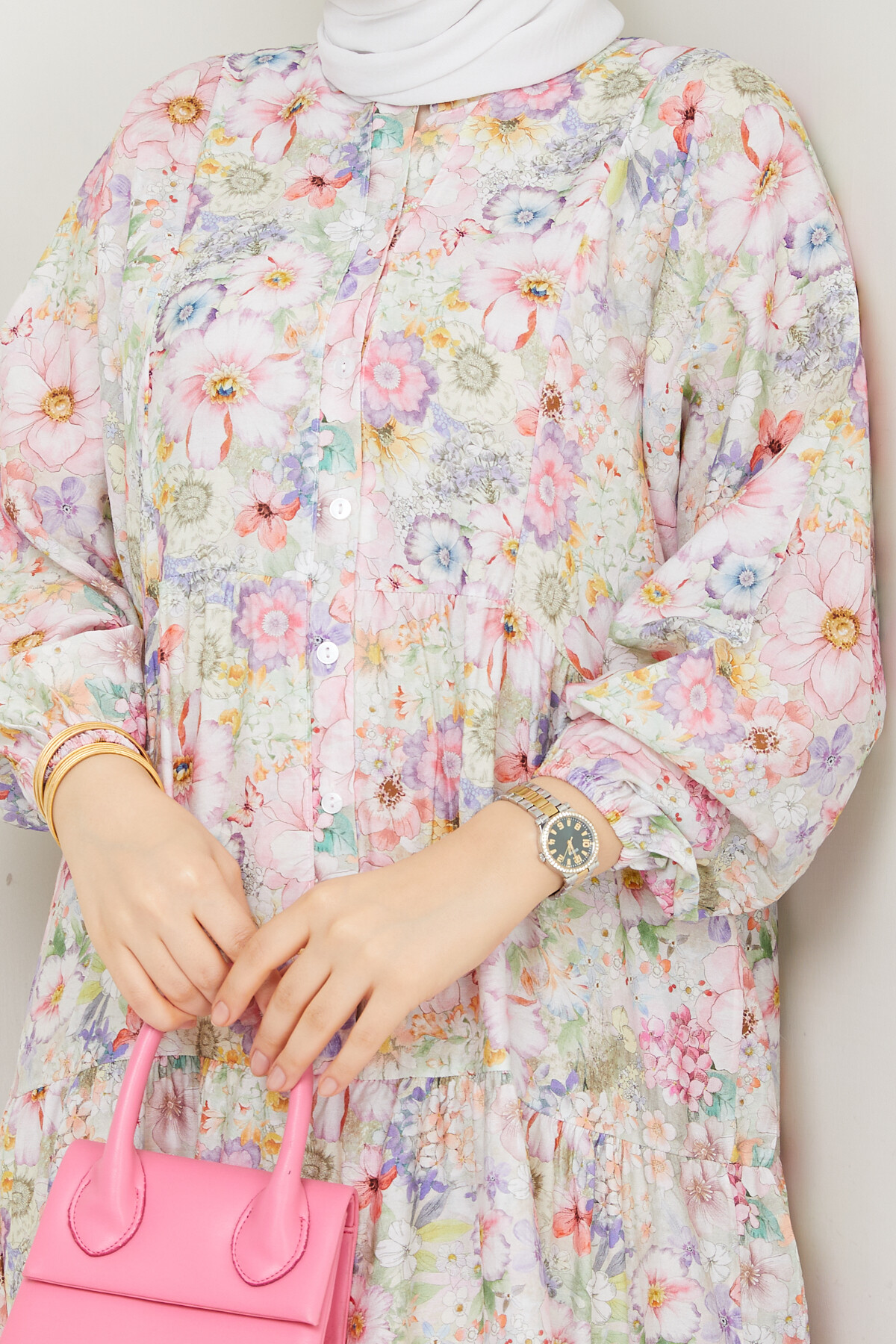 MANGO KÜÇÜK DESENLİ SALAŞ ELBİSE-PEMBE