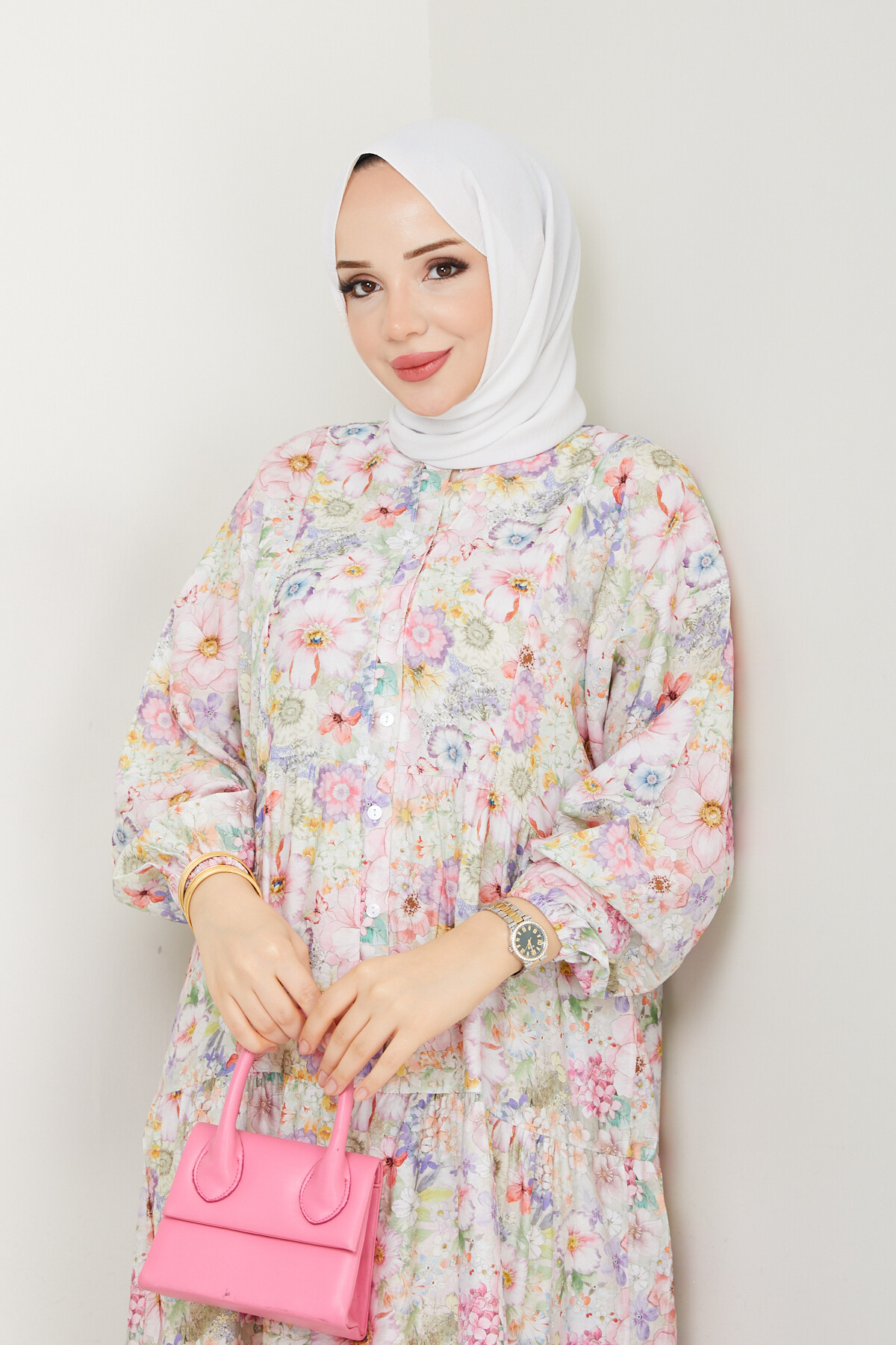 MANGO KÜÇÜK DESENLİ SALAŞ ELBİSE-PEMBE