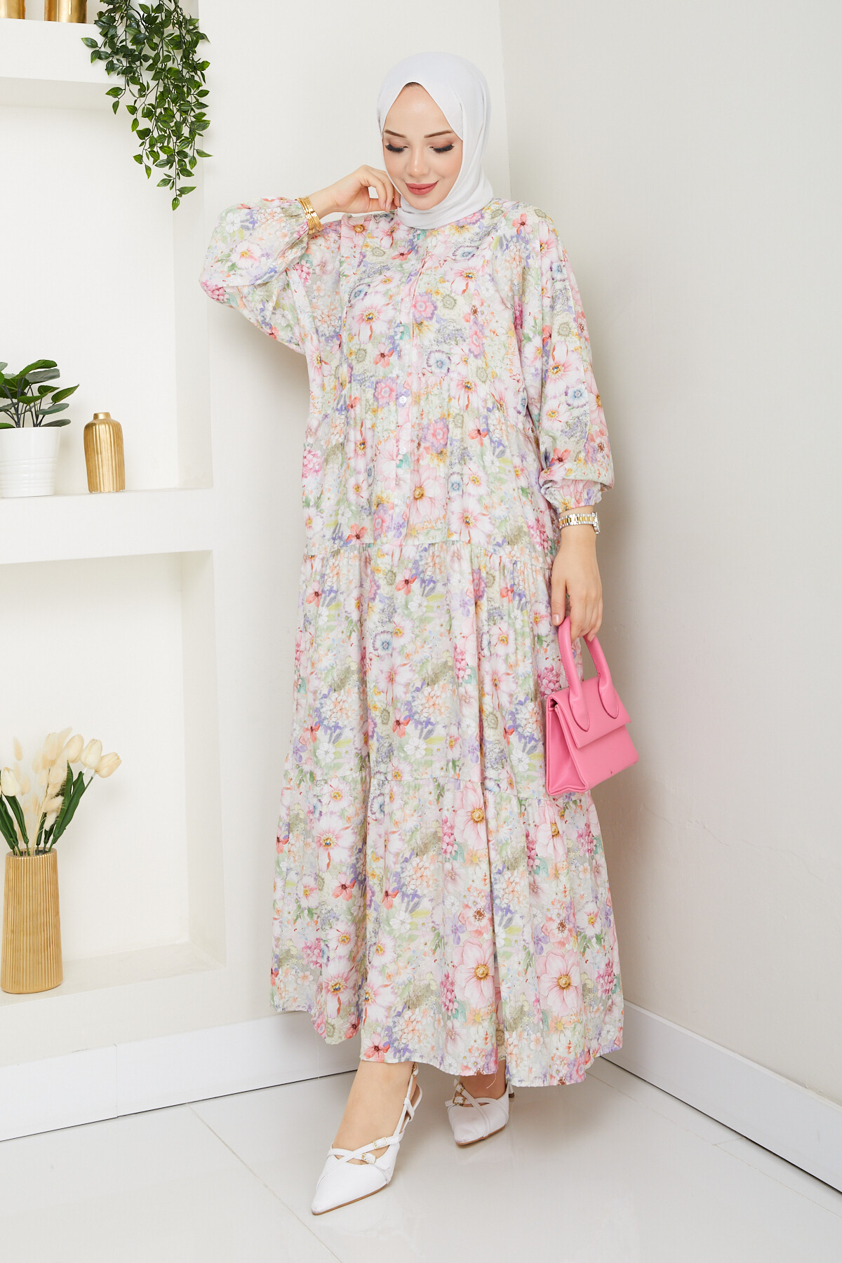 MANGO KÜÇÜK DESENLİ SALAŞ ELBİSE-PEMBE