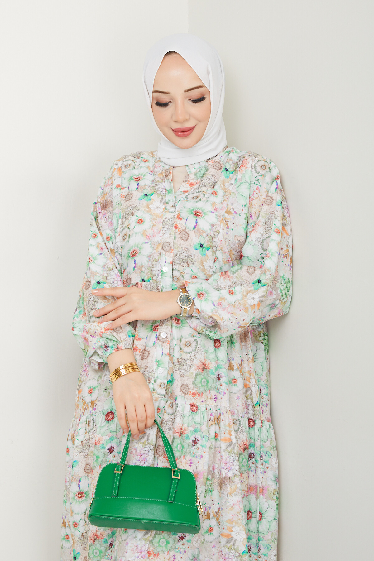 MANGO KÜÇÜK DESENLİ SALAŞ ELBİSE-YEŞİL