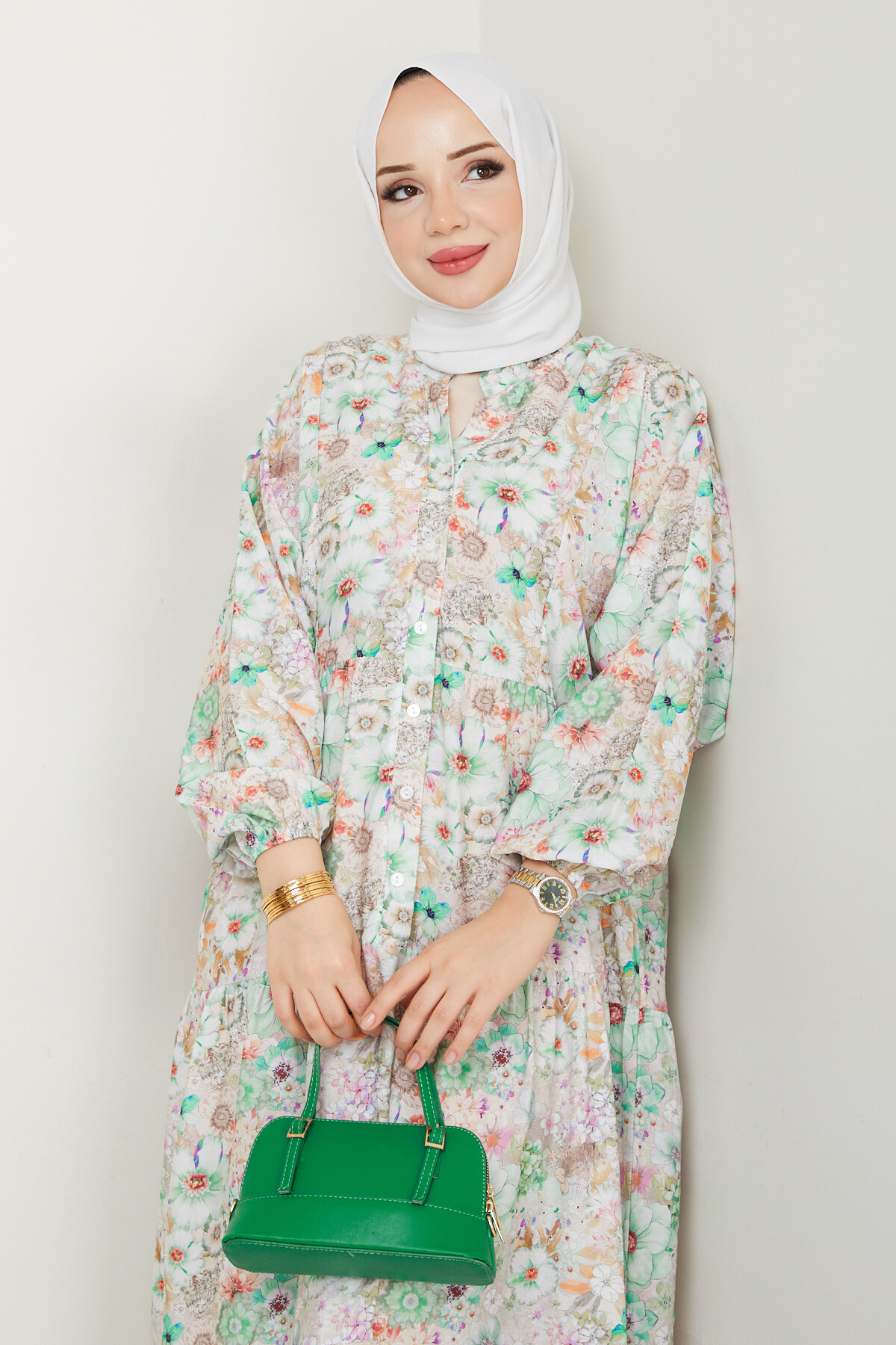 MANGO KÜÇÜK DESENLİ SALAŞ ELBİSE-YEŞİL