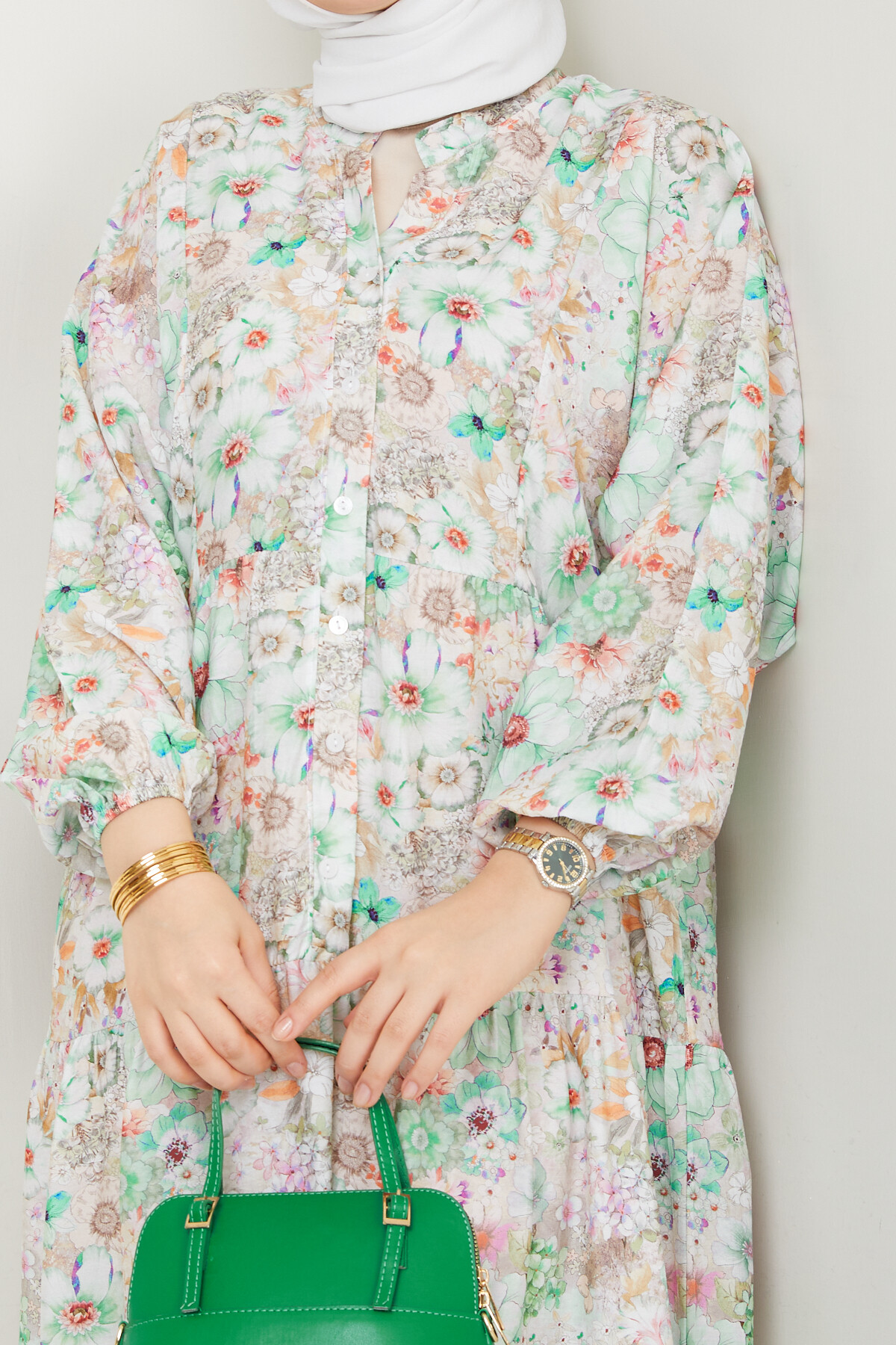 MANGO KÜÇÜK DESENLİ SALAŞ ELBİSE-YEŞİL