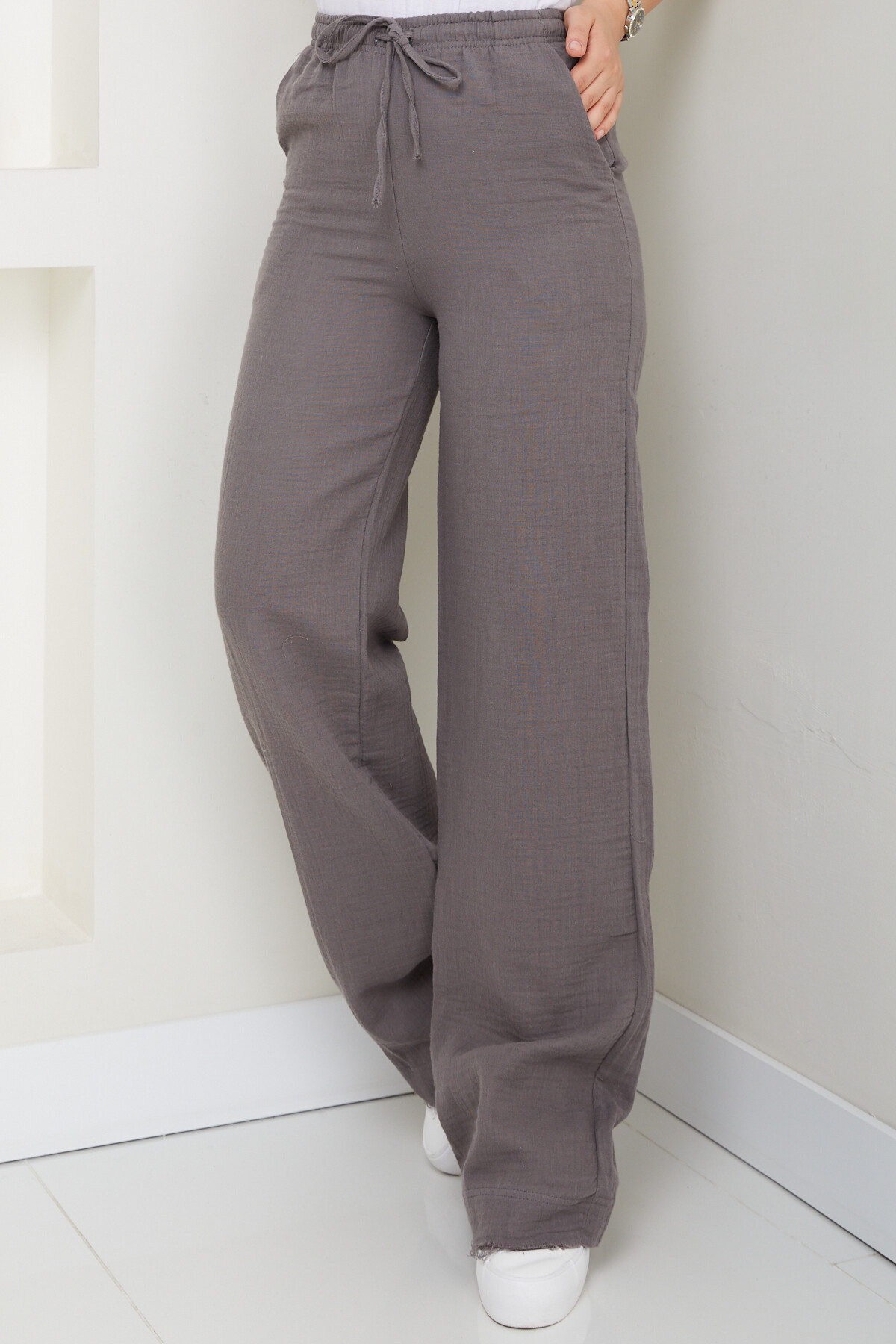 MÜSLİN KETEN BOL PAÇA PANTOLON-GRİ