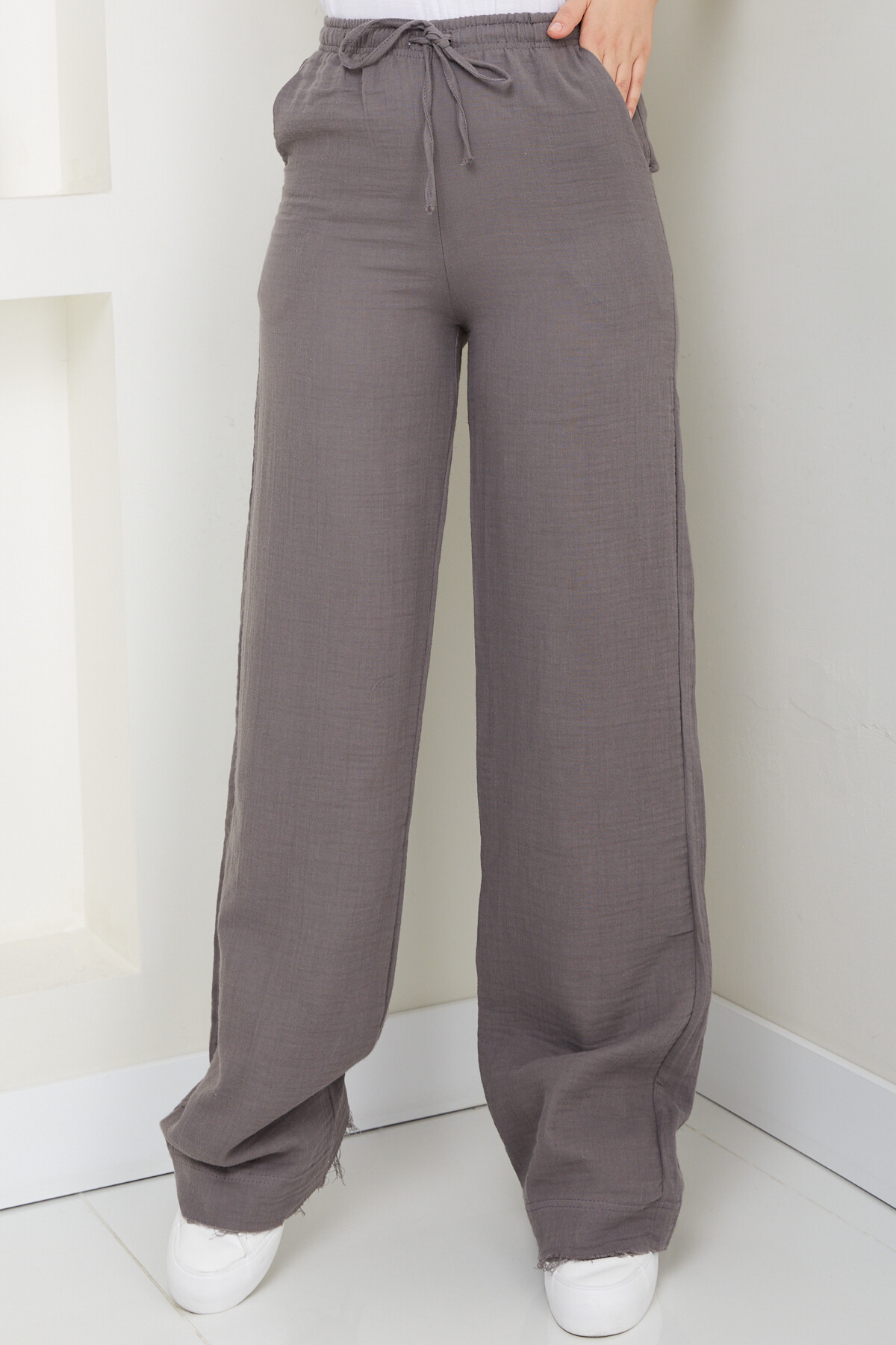 MÜSLİN KETEN BOL PAÇA PANTOLON-GRİ