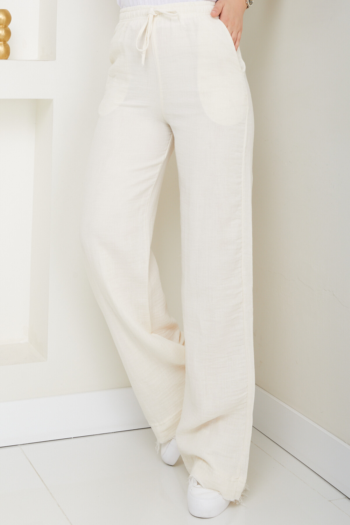 MÜSLİN KETEN BOL PAÇA PANTOLON-KREM