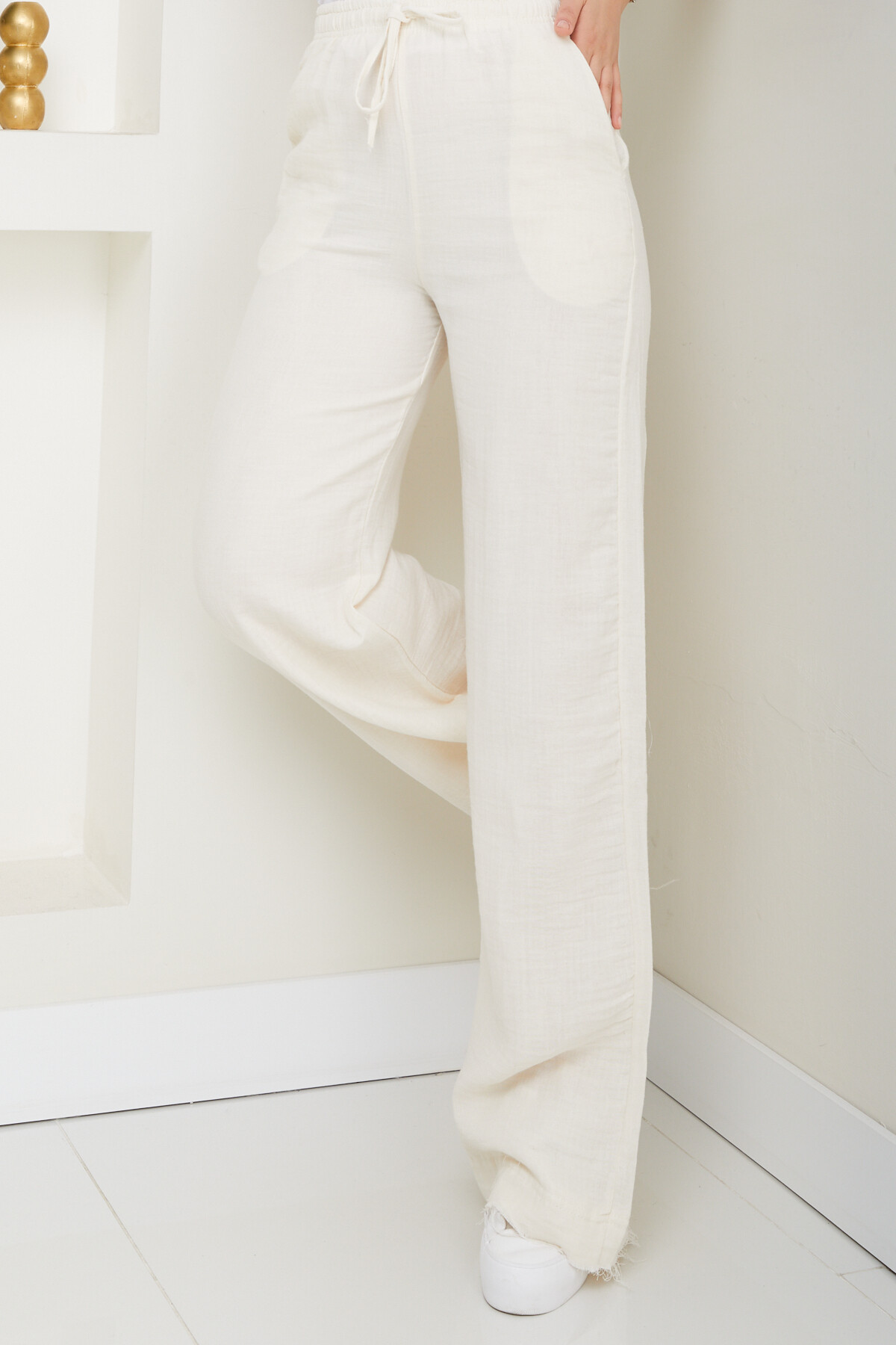 MÜSLİN KETEN BOL PAÇA PANTOLON-KREM