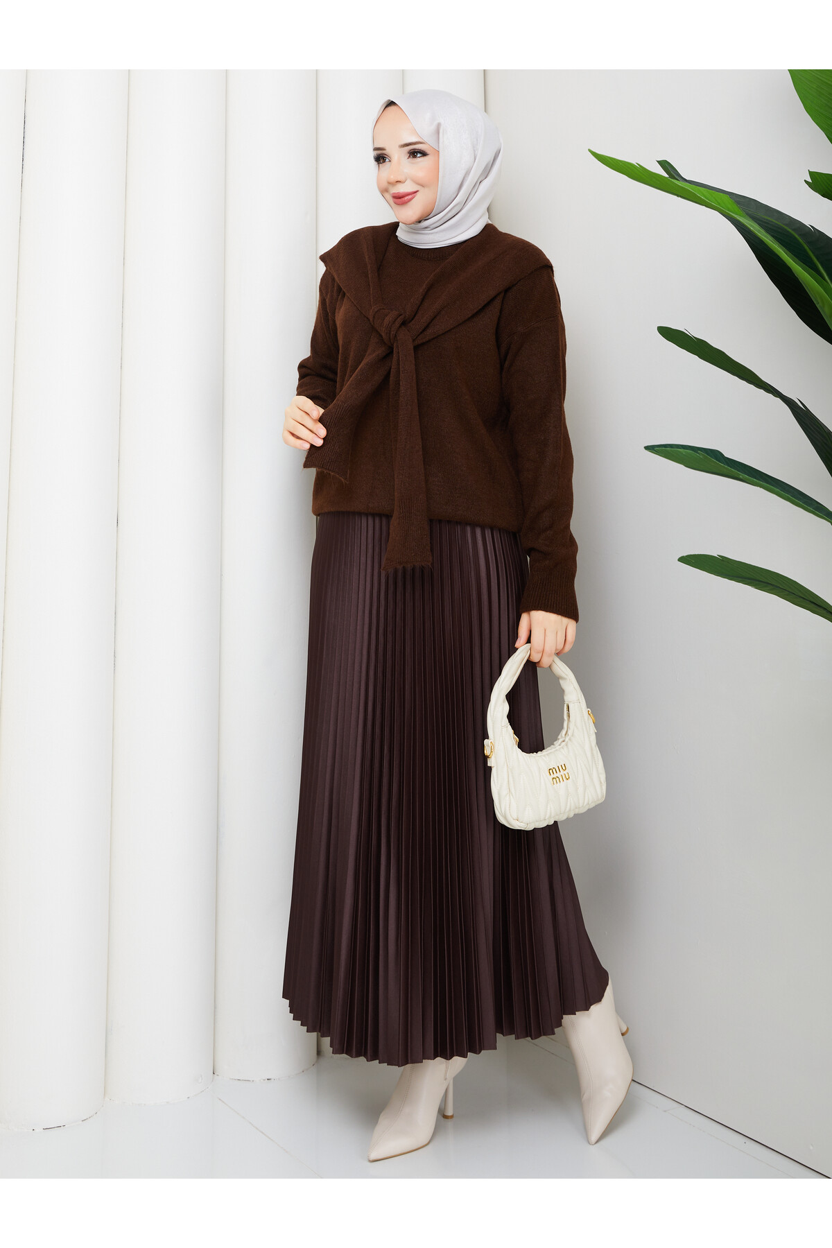 OMUZ ŞAL DETAYLI ETEKLİ KOMBİN - ACI KAHVE