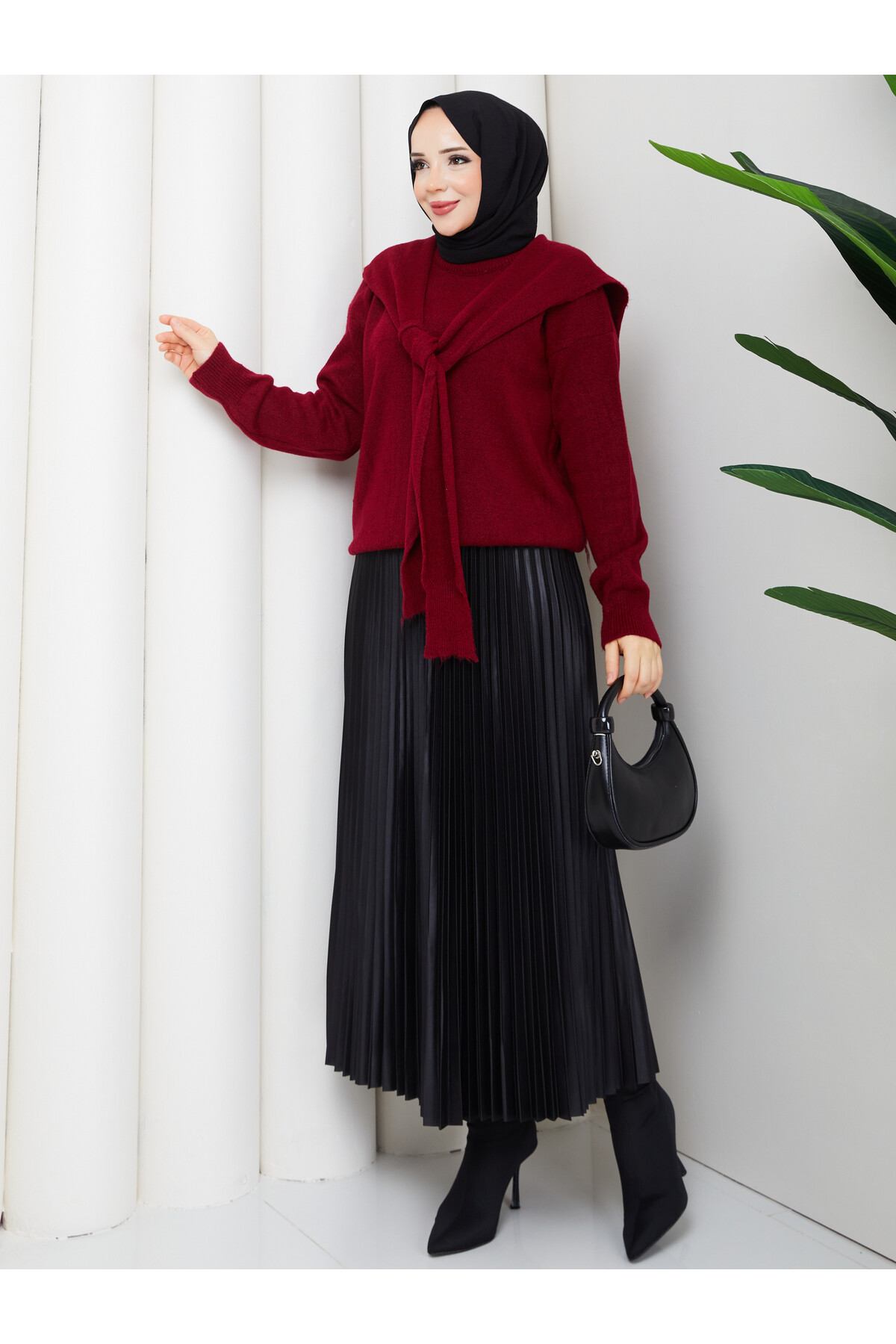 OMUZ ŞAL DETAYLI ETEKLİ KOMBİN - BORDO