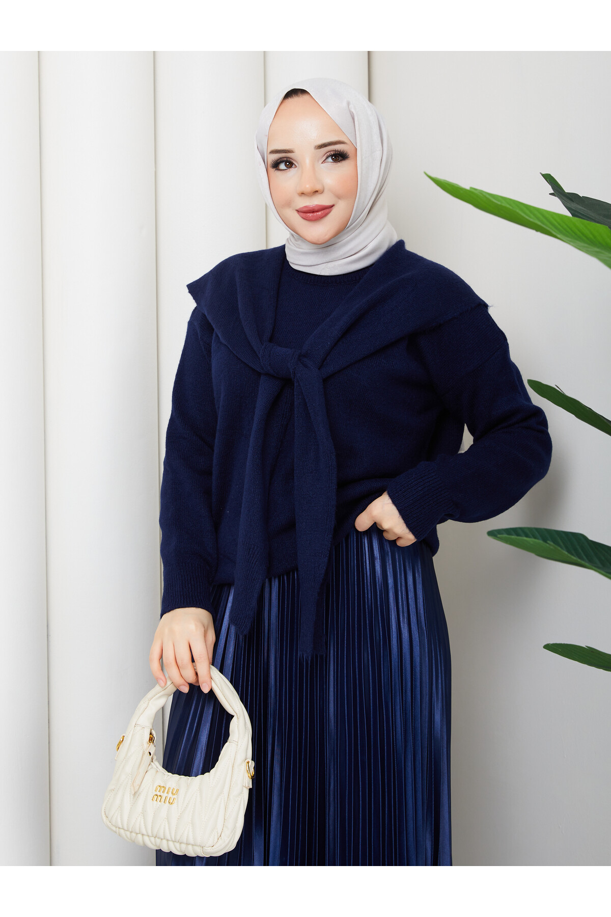 OMUZ ŞAL DETAYLI ETEKLİ KOMBİN - LACİVERT