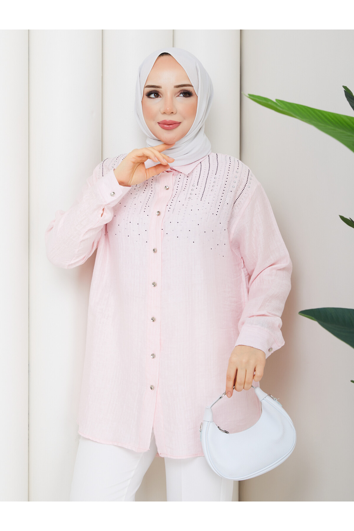 OMUZDAN TAŞ DETAYLI GÖMLEK - TOZ PEMBE