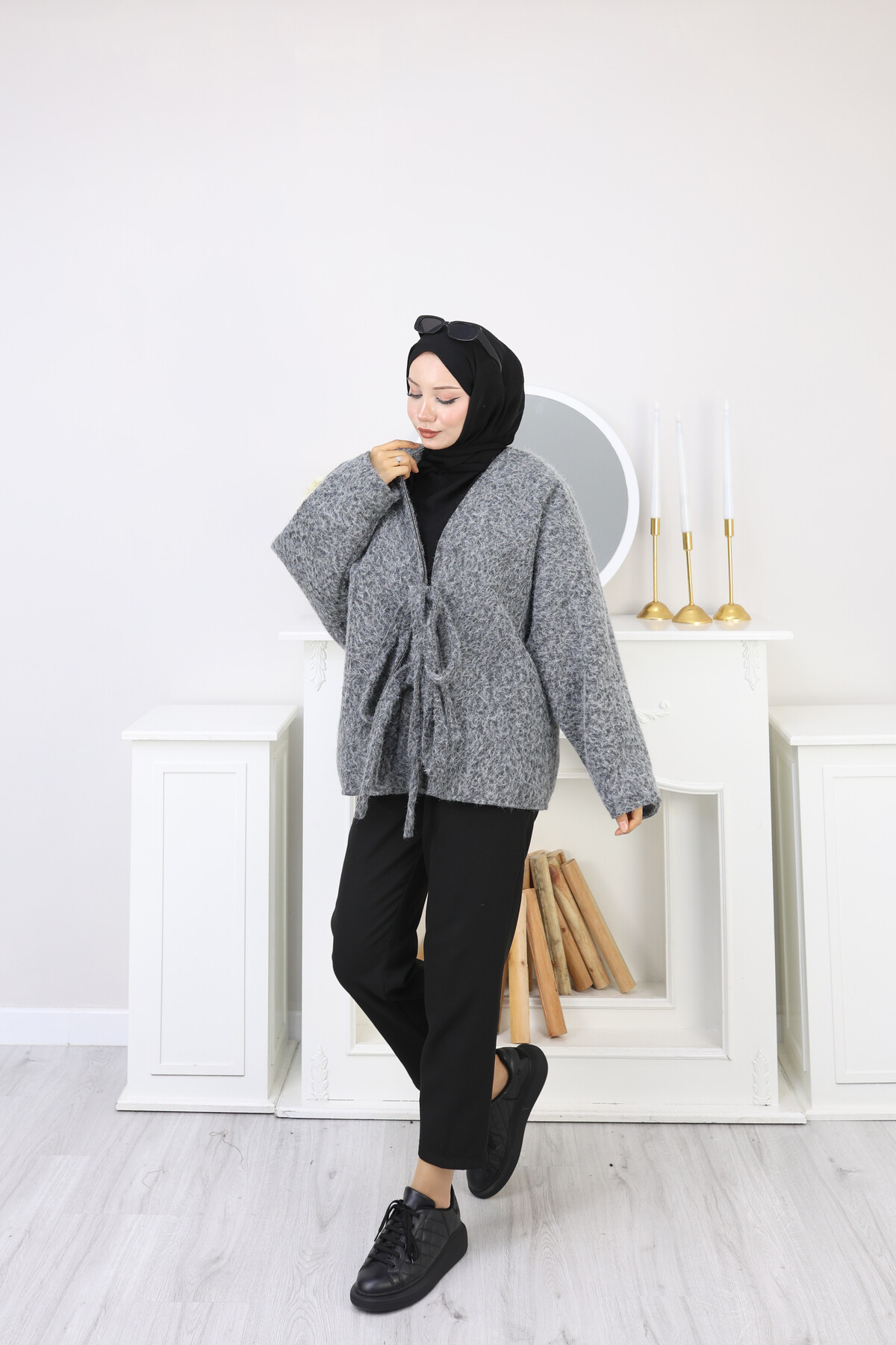 ÖNDEN BAĞLAMALI KAŞE CEKET-FÜME