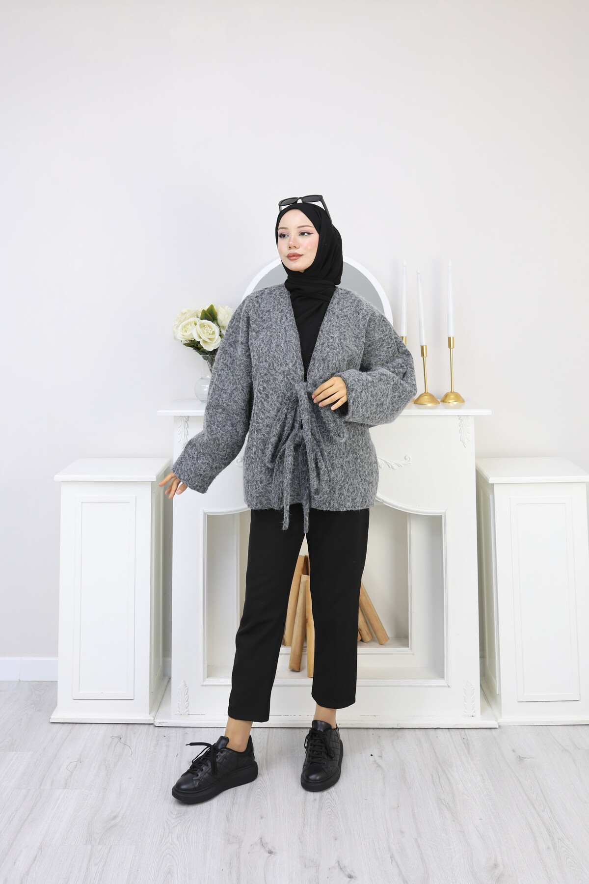 ÖNDEN BAĞLAMALI KAŞE CEKET-FÜME