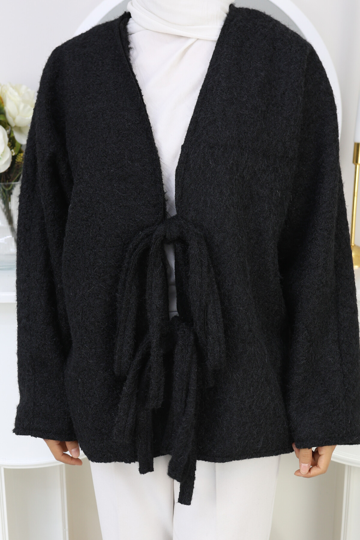 ÖNDEN BAĞLAMALI KAŞE CEKET-SİYAH