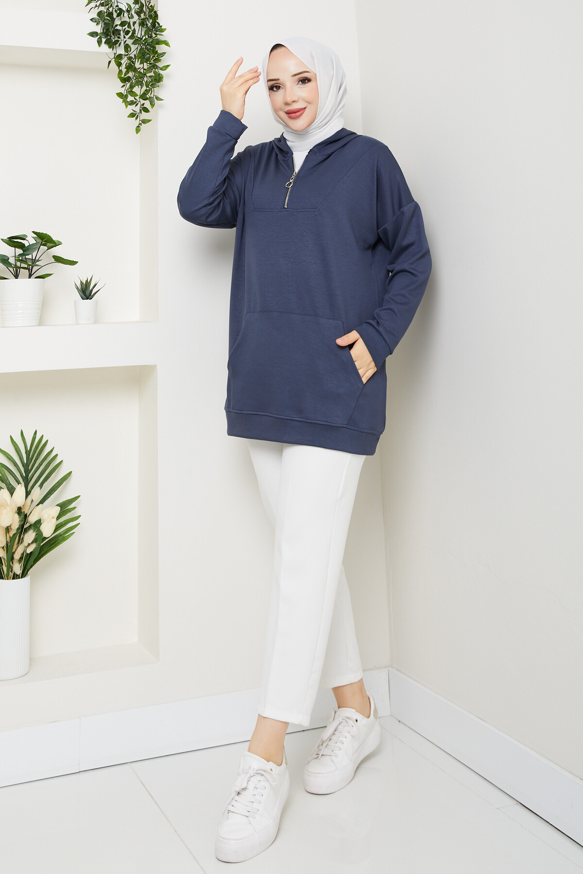 Oysho Kanguru Cep Yarım Fermuarlı Kapşonlu Sweat Antarsit