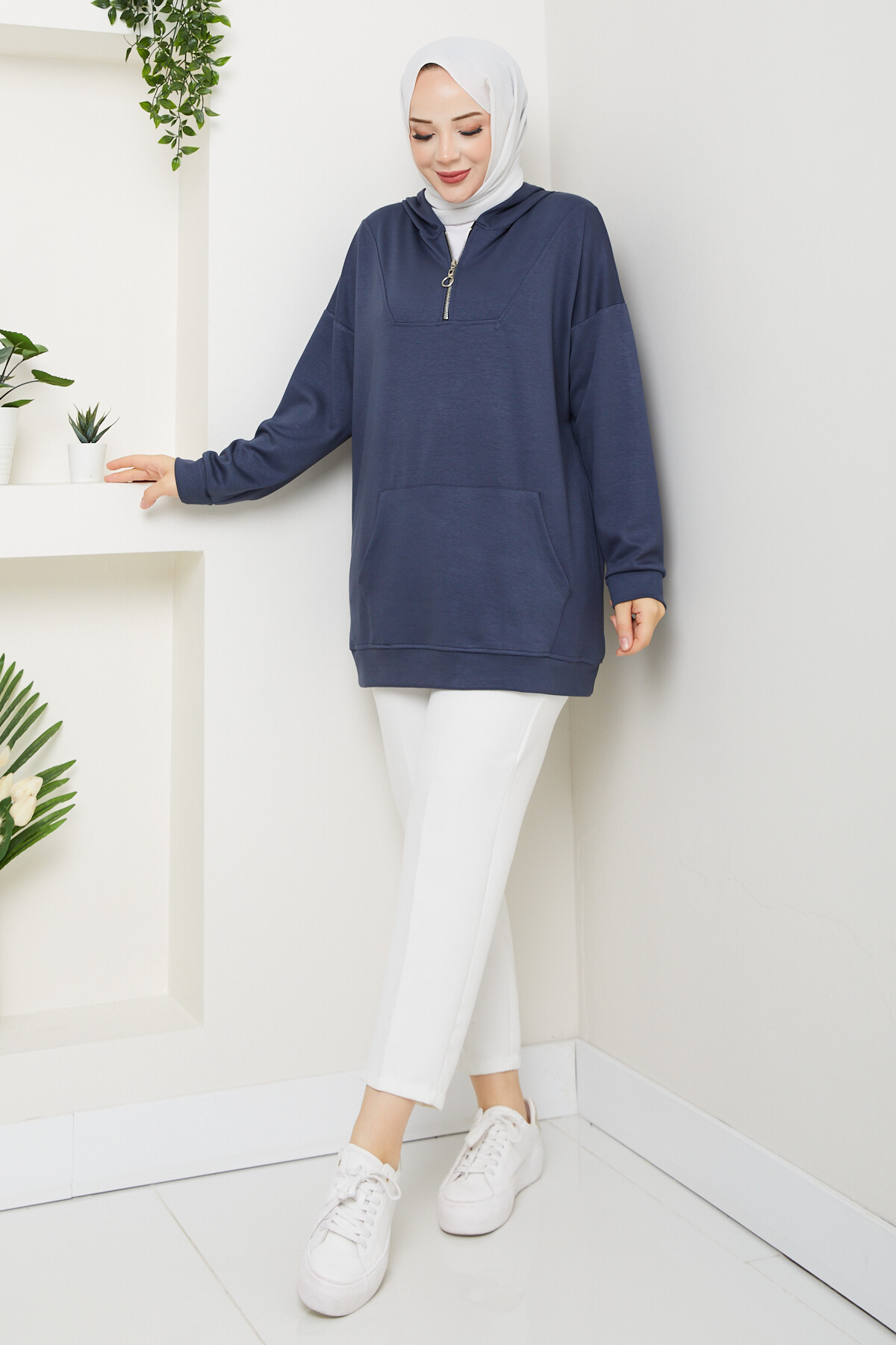 Oysho Kanguru Cep Yarım Fermuarlı Kapşonlu Sweat Antarsit