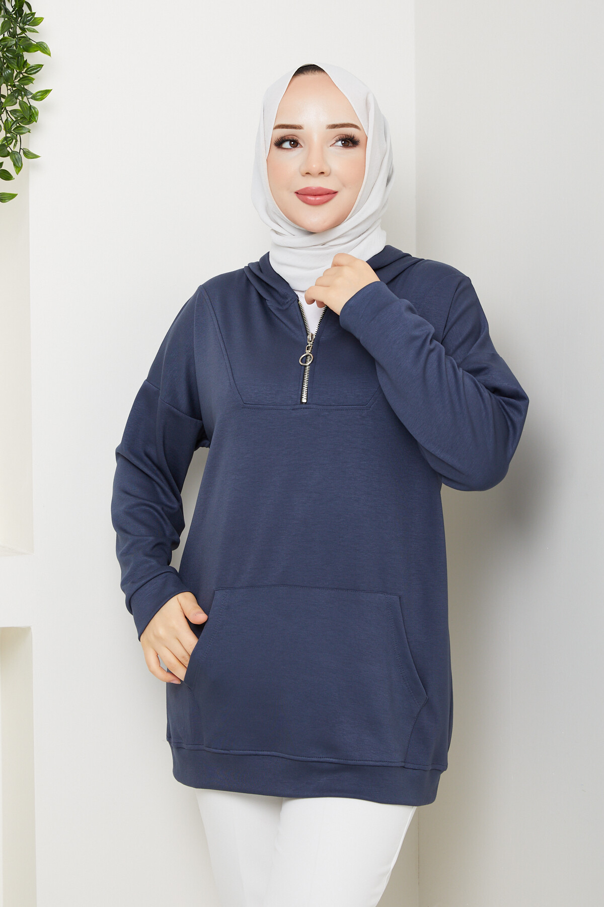 Oysho Kanguru Cep Yarım Fermuarlı Kapşonlu Sweat Antarsit