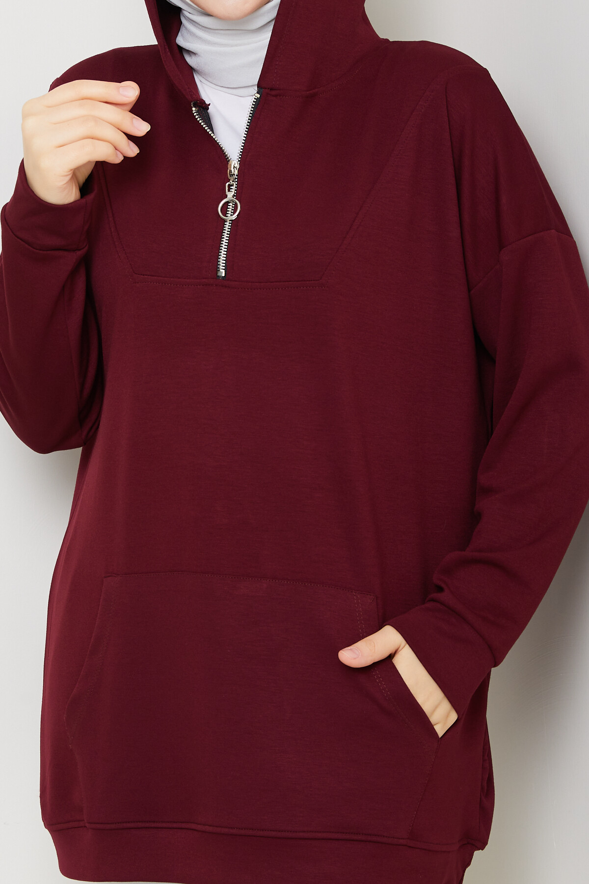 Oysho Kanguru Cep Yarım Fermuarlı Kapşonlu Sweat Bordo