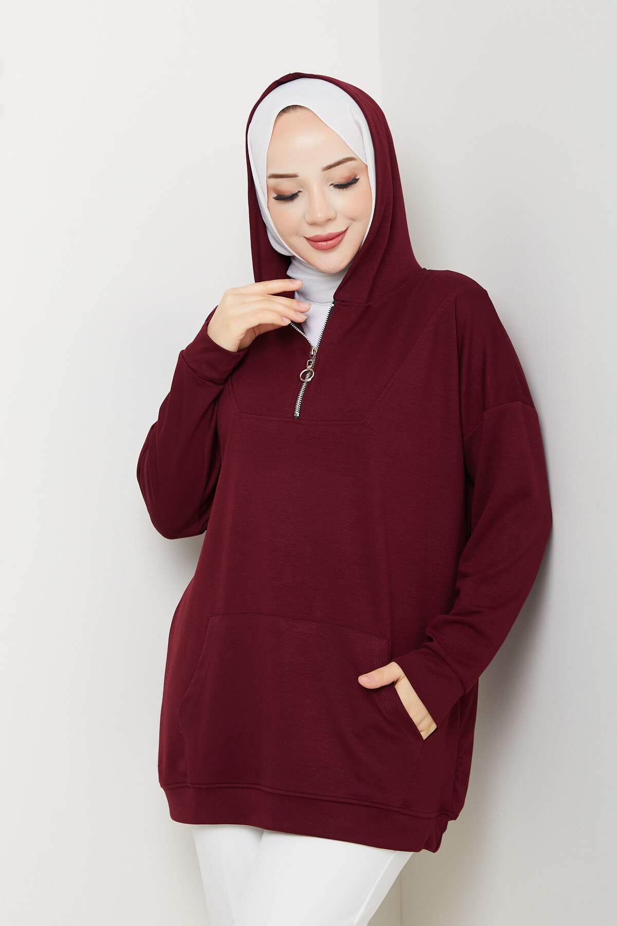 Oysho Kanguru Cep Yarım Fermuarlı Kapşonlu Sweat Bordo