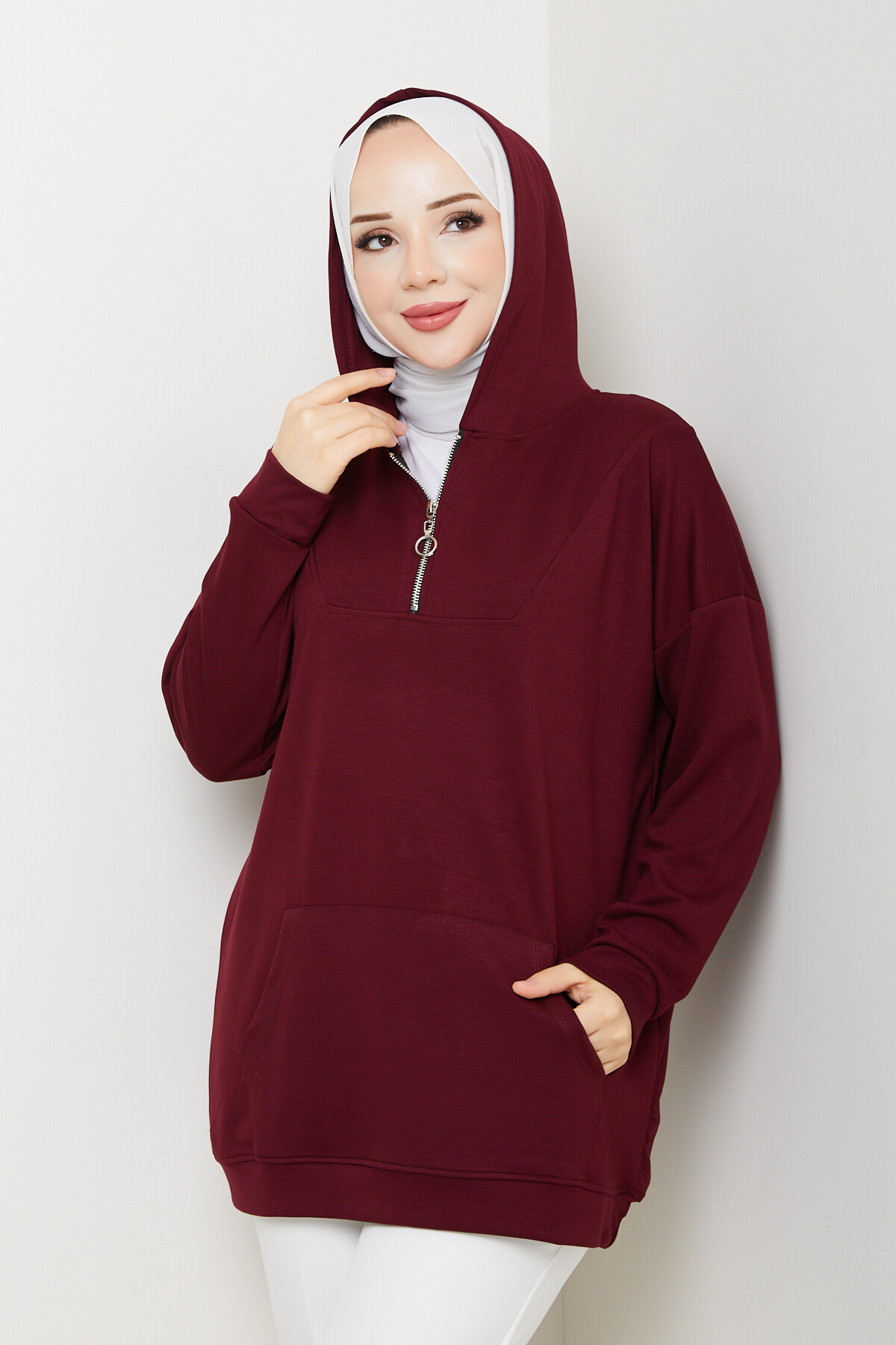 Oysho Kanguru Cep Yarım Fermuarlı Kapşonlu Sweat Bordo