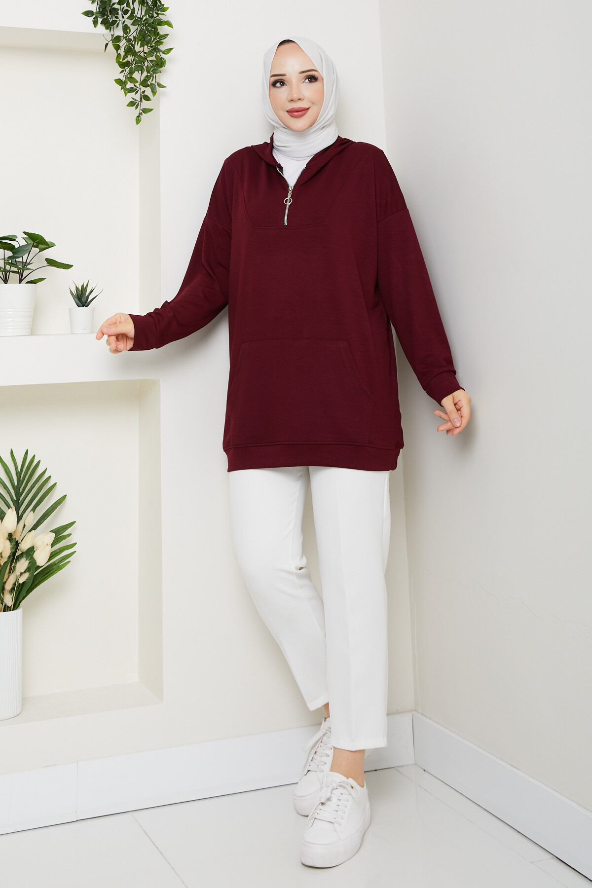 Oysho Kanguru Cep Yarım Fermuarlı Kapşonlu Sweat Bordo