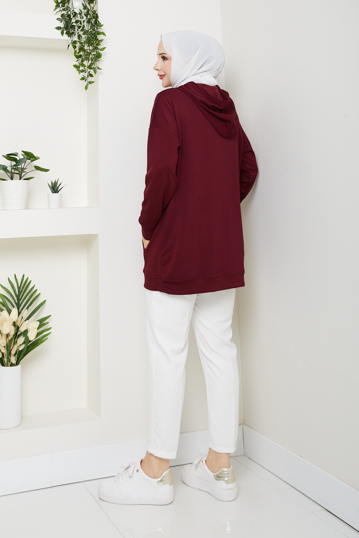 Oysho Kanguru Cep Yarım Fermuarlı Kapşonlu Sweat Bordo