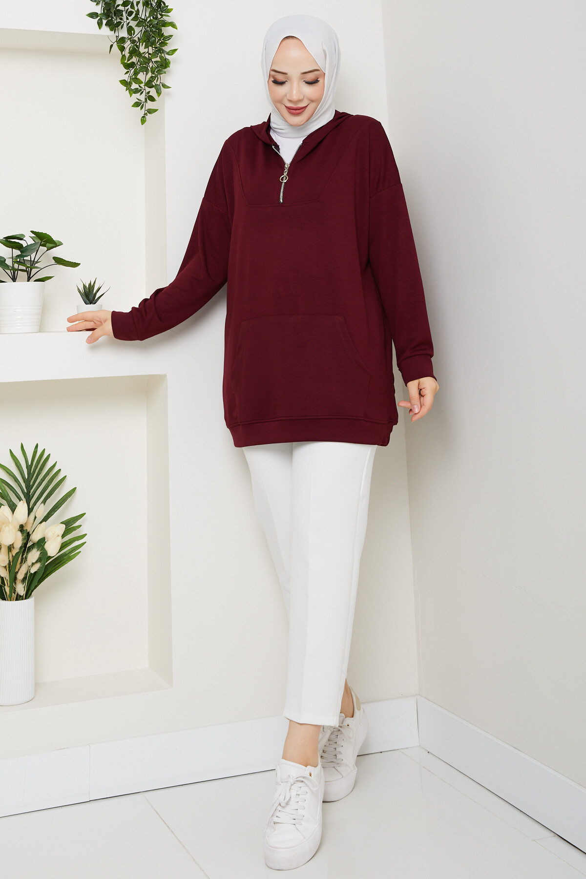 Oysho Kanguru Cep Yarım Fermuarlı Kapşonlu Sweat Bordo