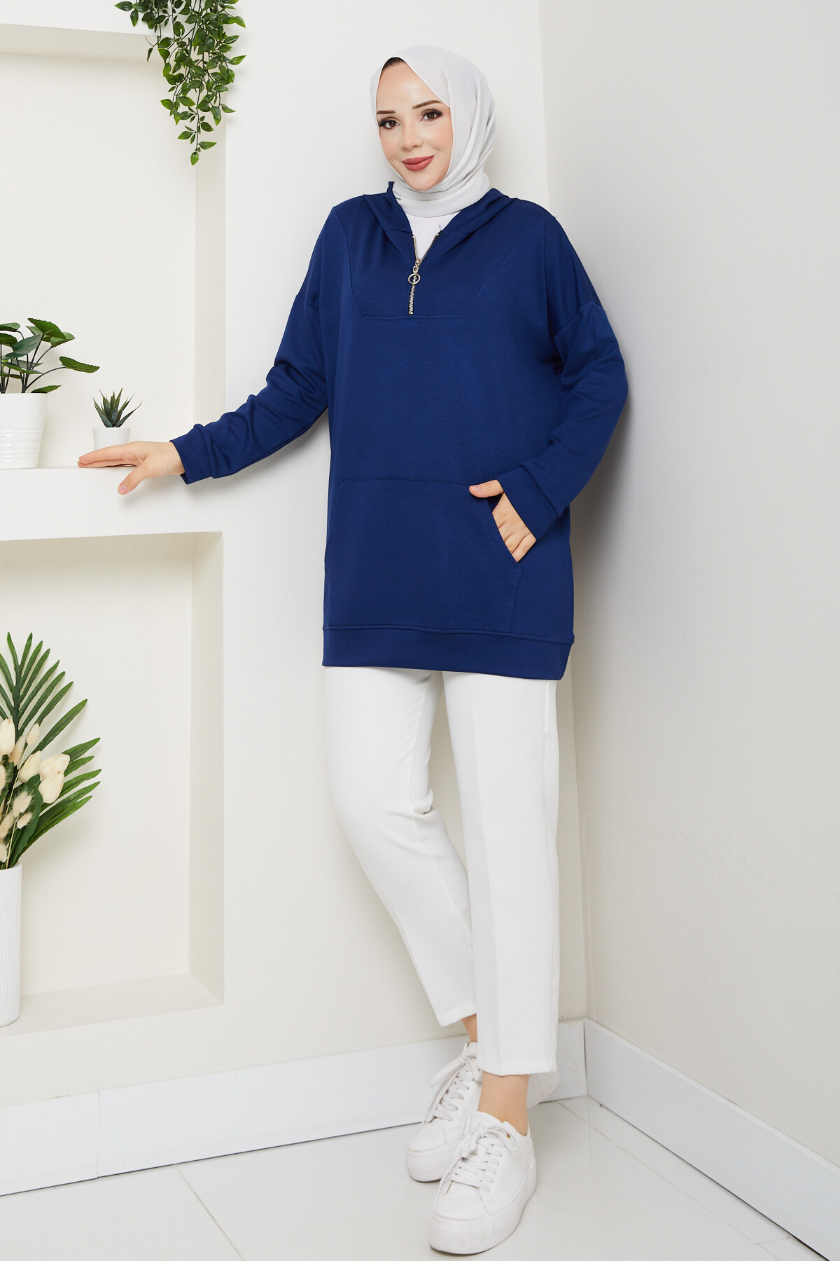 Oysho Kanguru Cep Yarım Fermuarlı Kapşonlu Sweat Lacivert