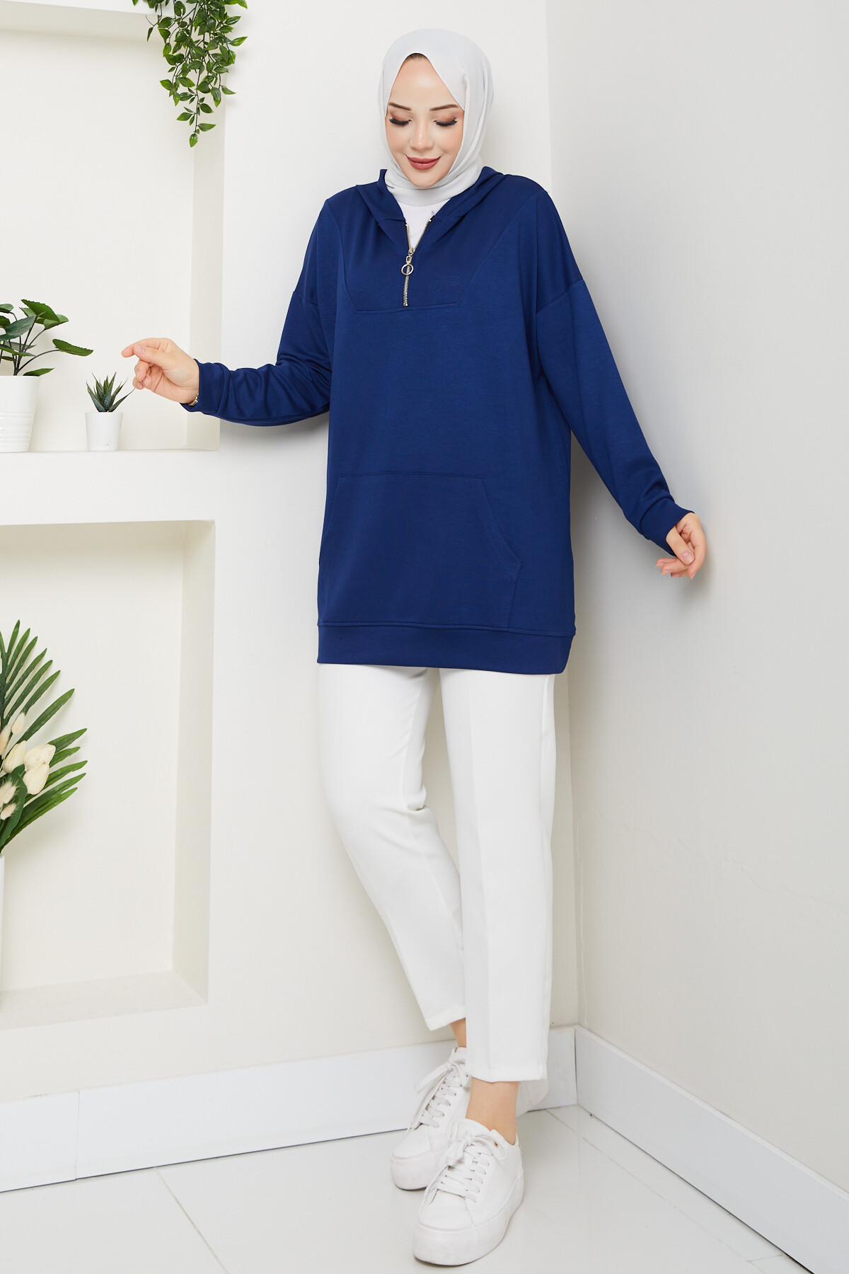 Oysho Kanguru Cep Yarım Fermuarlı Kapşonlu Sweat Lacivert