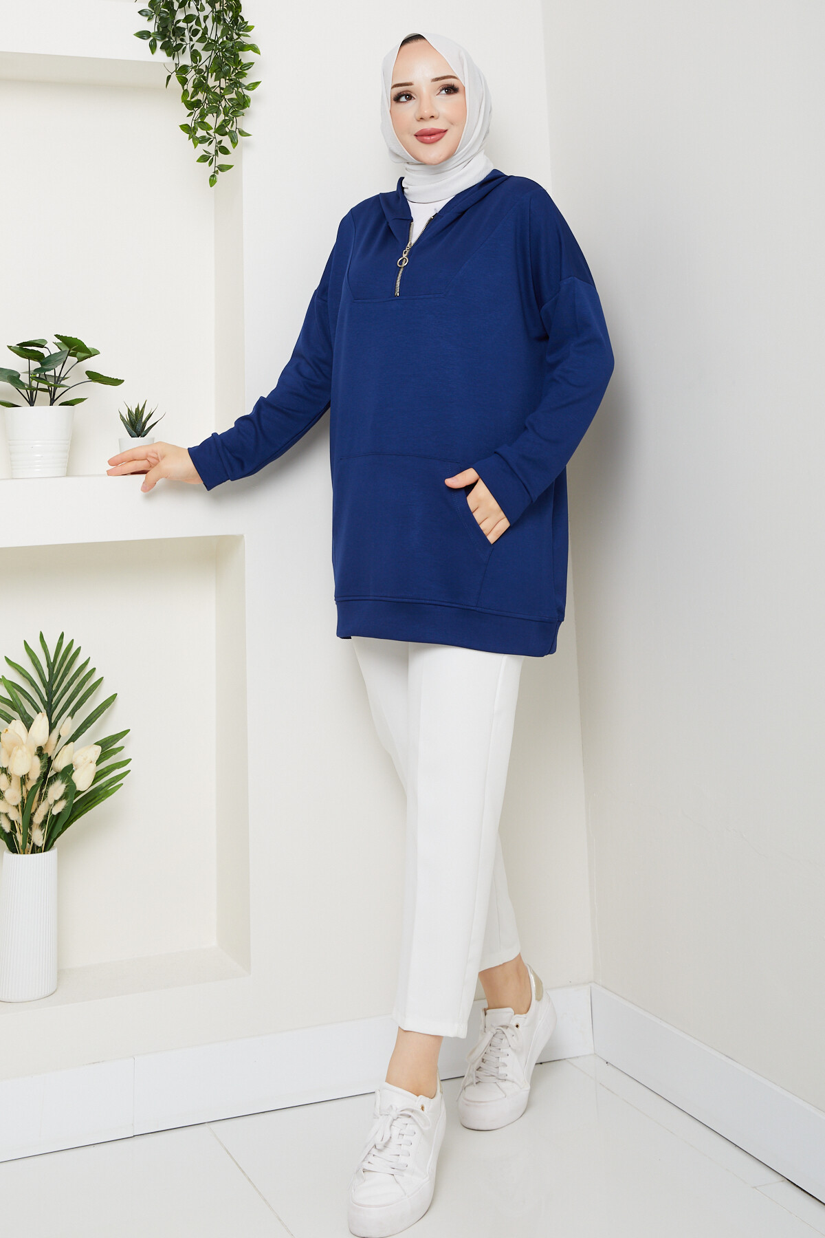 Oysho Kanguru Cep Yarım Fermuarlı Kapşonlu Sweat Lacivert