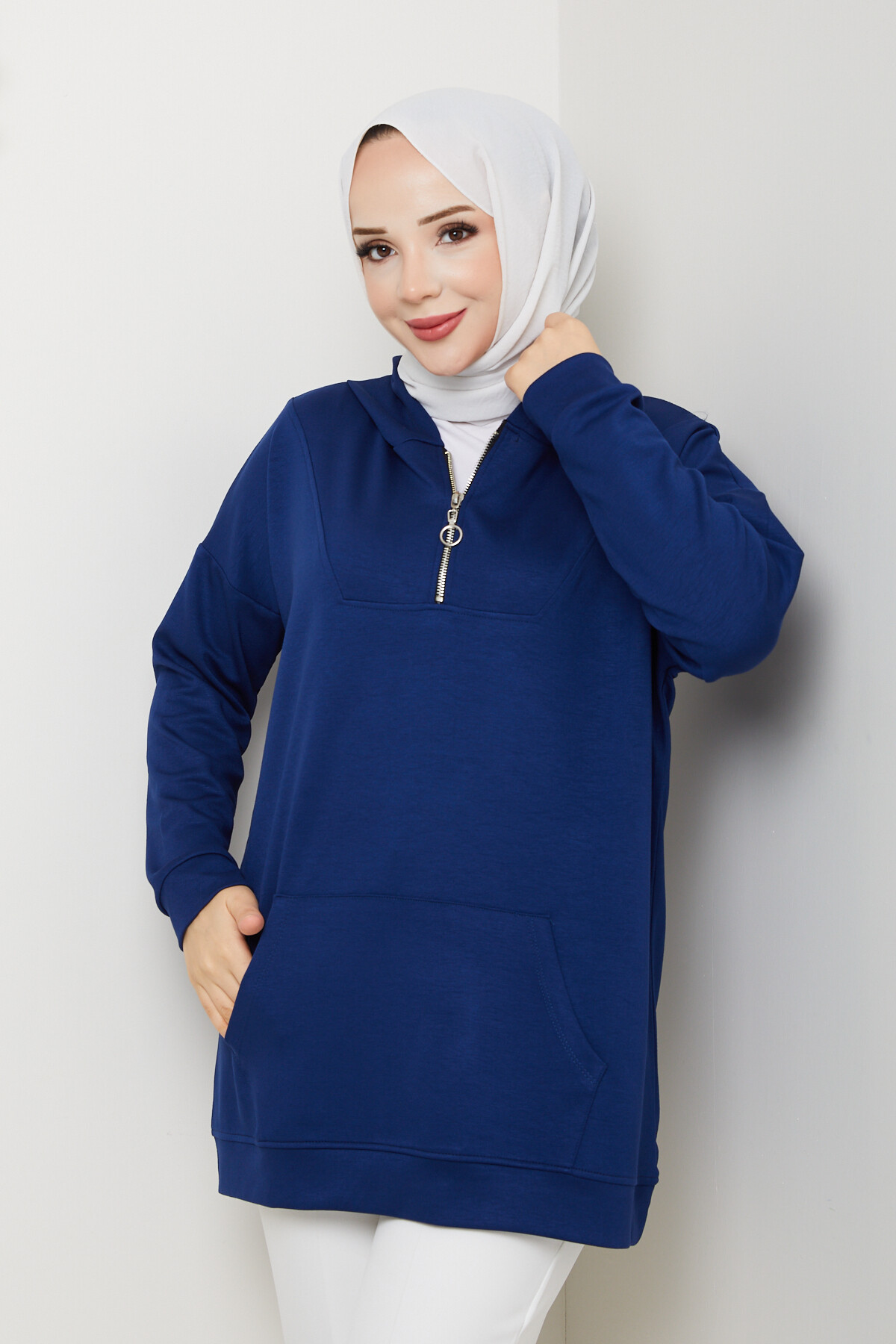 Oysho Kanguru Cep Yarım Fermuarlı Kapşonlu Sweat Lacivert