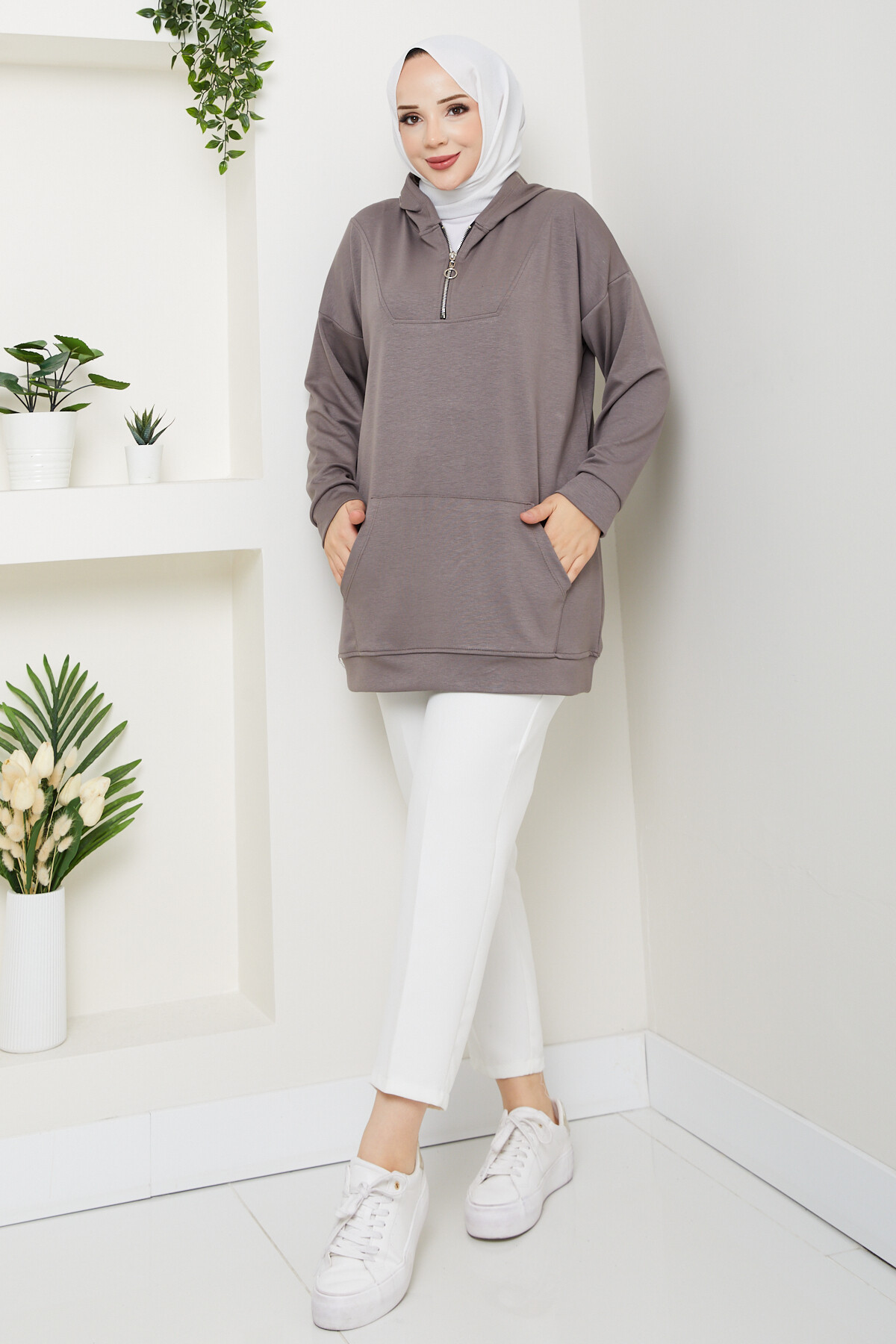 Oysho Kanguru Cep Yarım Fermuarlı Kapşonlu Sweat Vizon