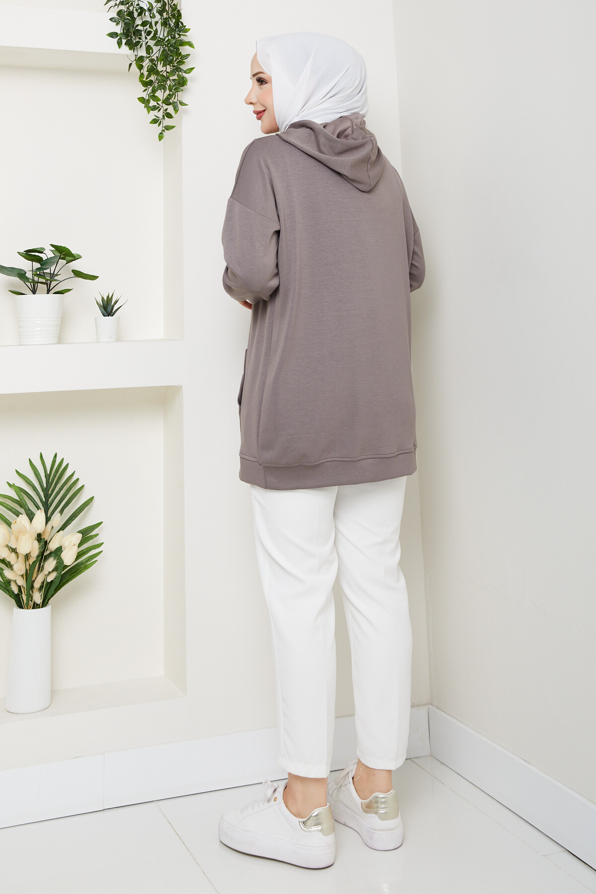 Oysho Kanguru Cep Yarım Fermuarlı Kapşonlu Sweat Vizon