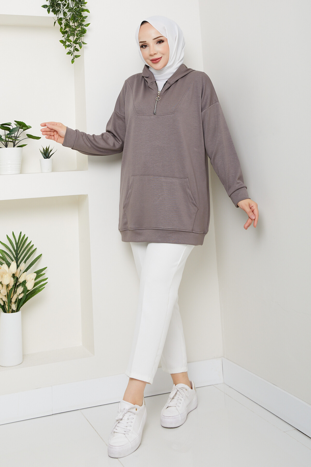 Oysho Kanguru Cep Yarım Fermuarlı Kapşonlu Sweat Vizon