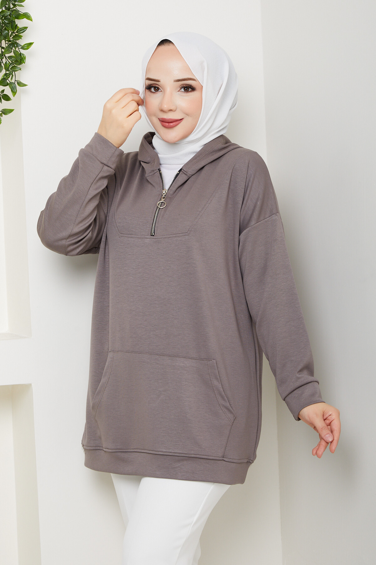 Oysho Kanguru Cep Yarım Fermuarlı Kapşonlu Sweat Vizon