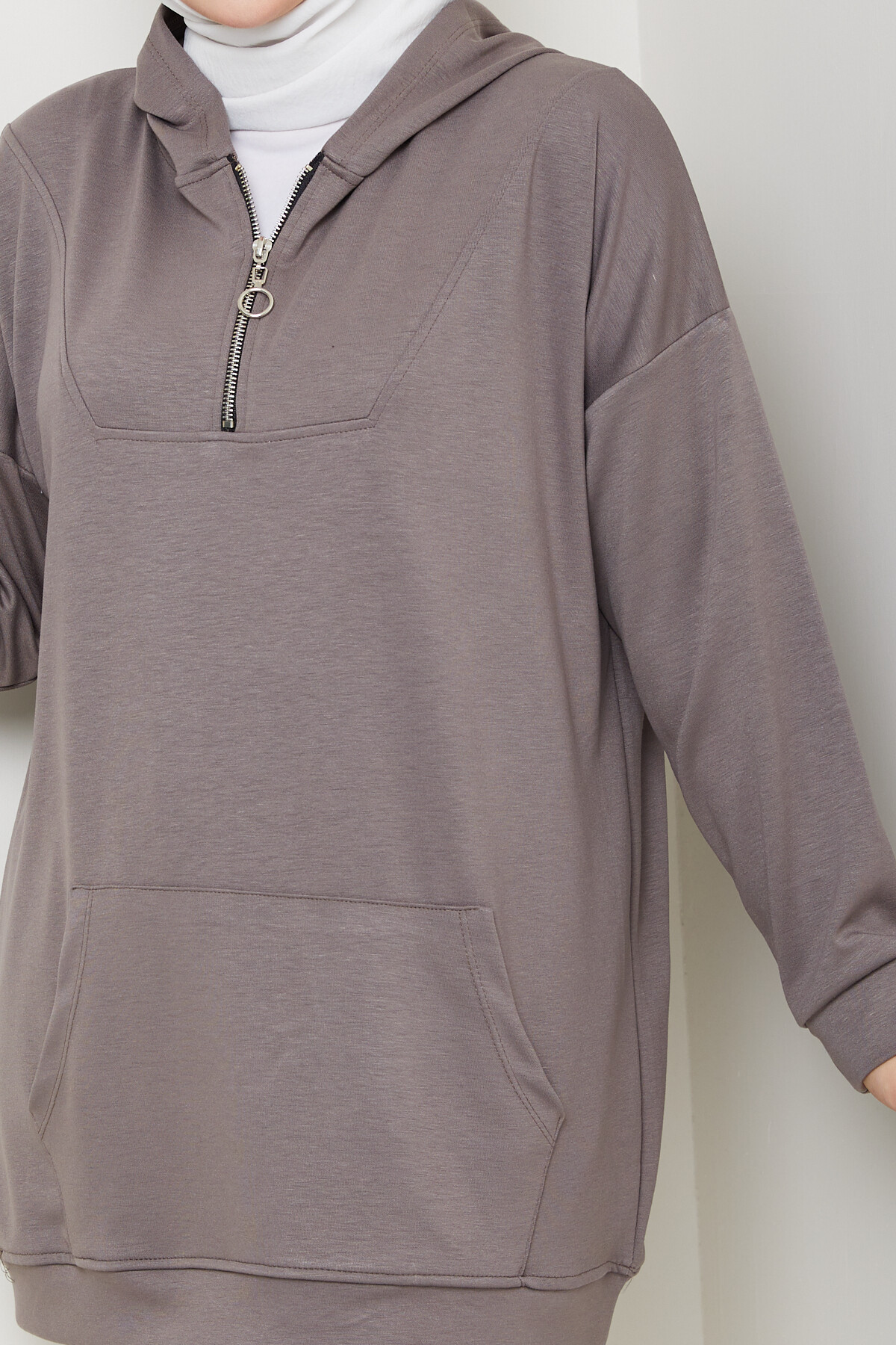Oysho Kanguru Cep Yarım Fermuarlı Kapşonlu Sweat Vizon