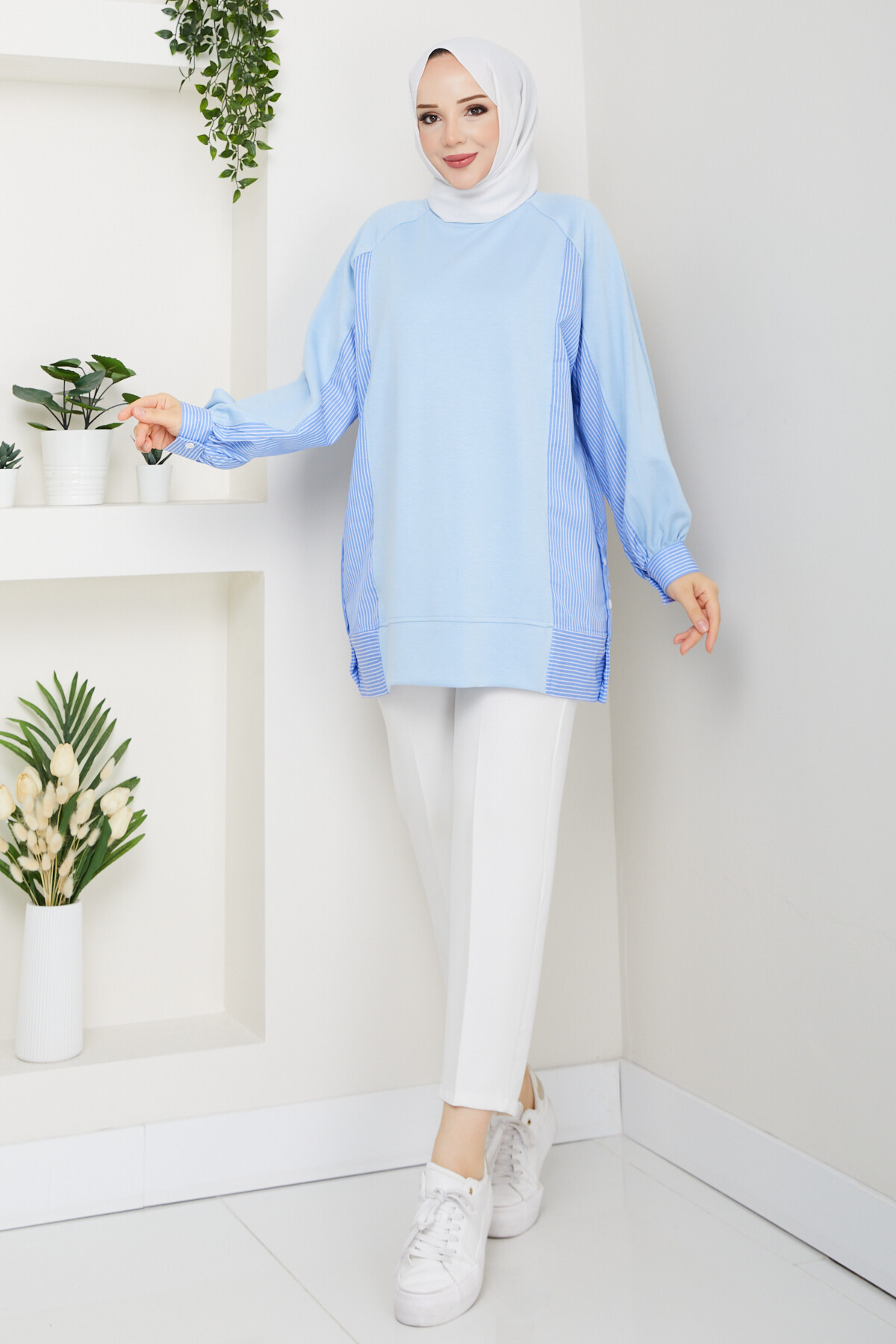 Oysho Yan Düğmeli Çizgi Garnili Tunik Bebe Mavisi