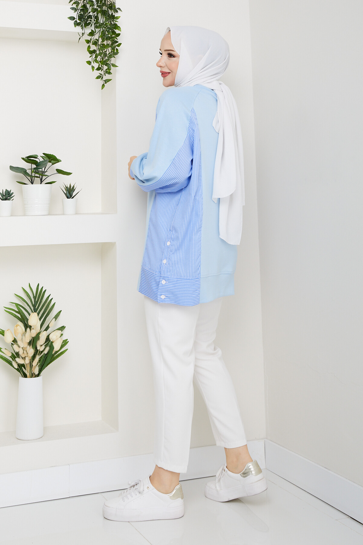 Oysho Yan Düğmeli Çizgi Garnili Tunik Bebe Mavisi