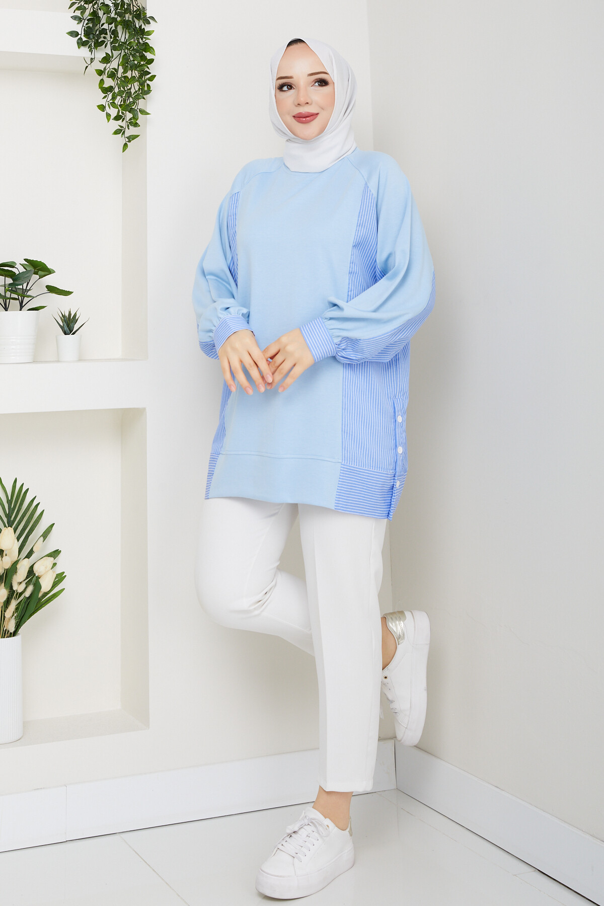 Oysho Yan Düğmeli Çizgi Garnili Tunik Bebe Mavisi