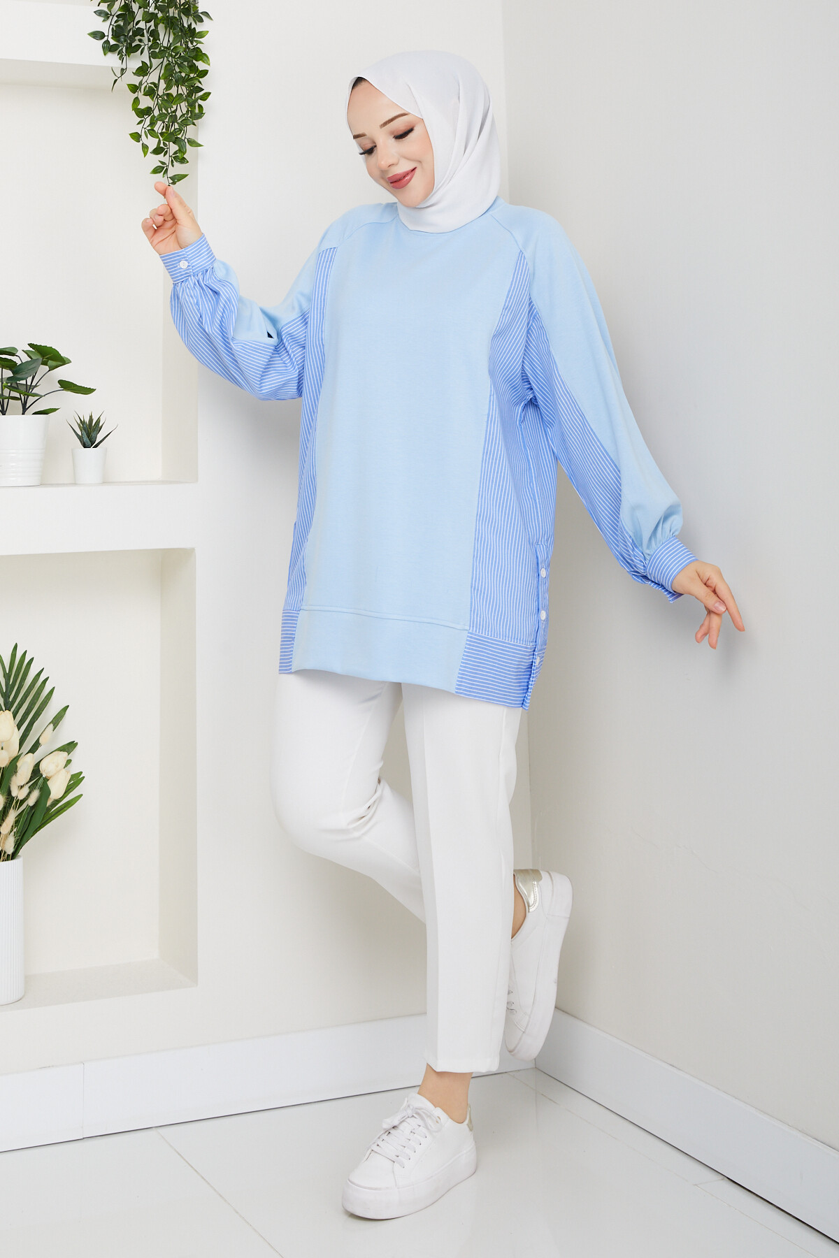 Oysho Yan Düğmeli Çizgi Garnili Tunik Bebe Mavisi