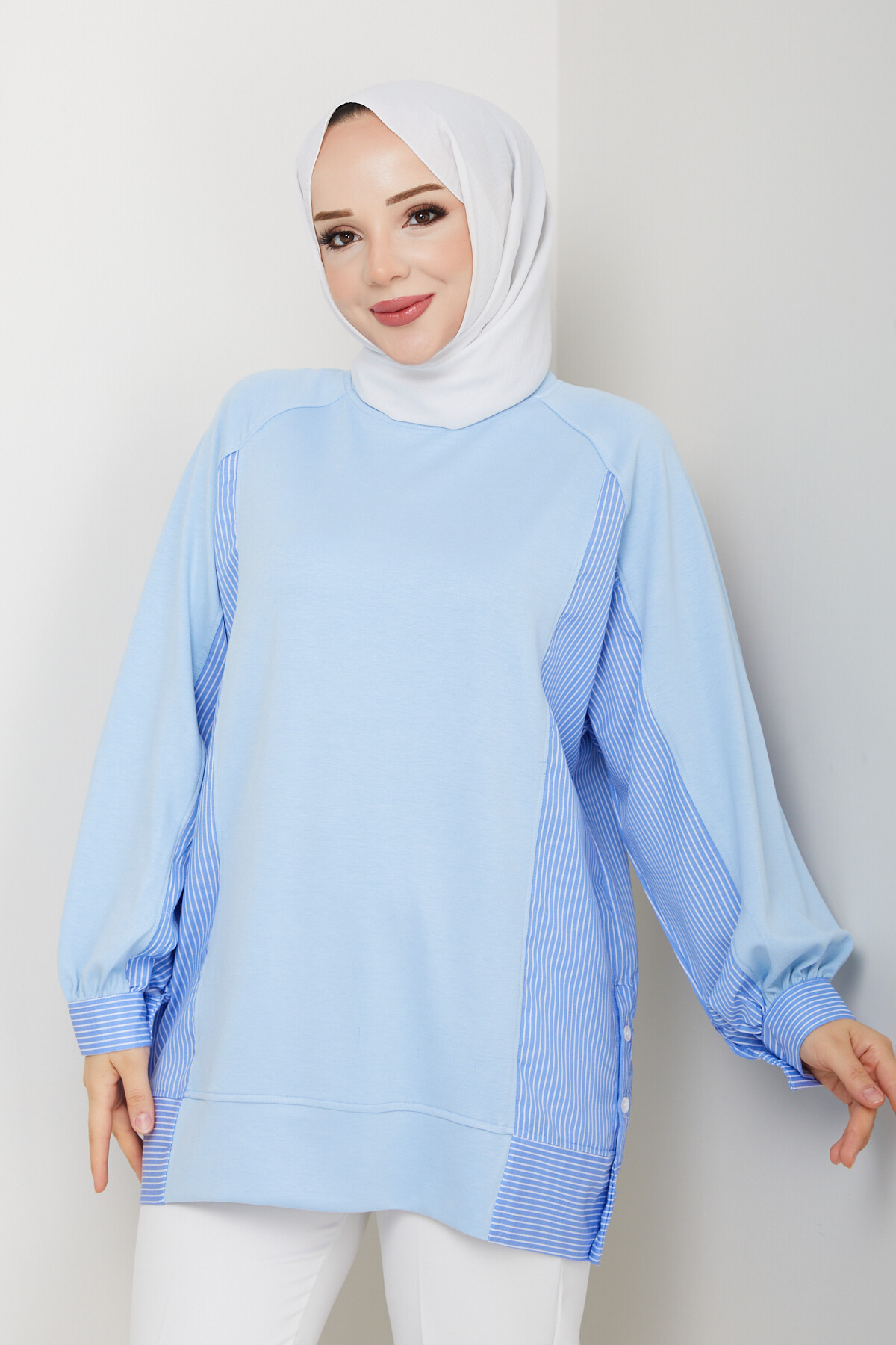 Oysho Yan Düğmeli Çizgi Garnili Tunik Bebe Mavisi