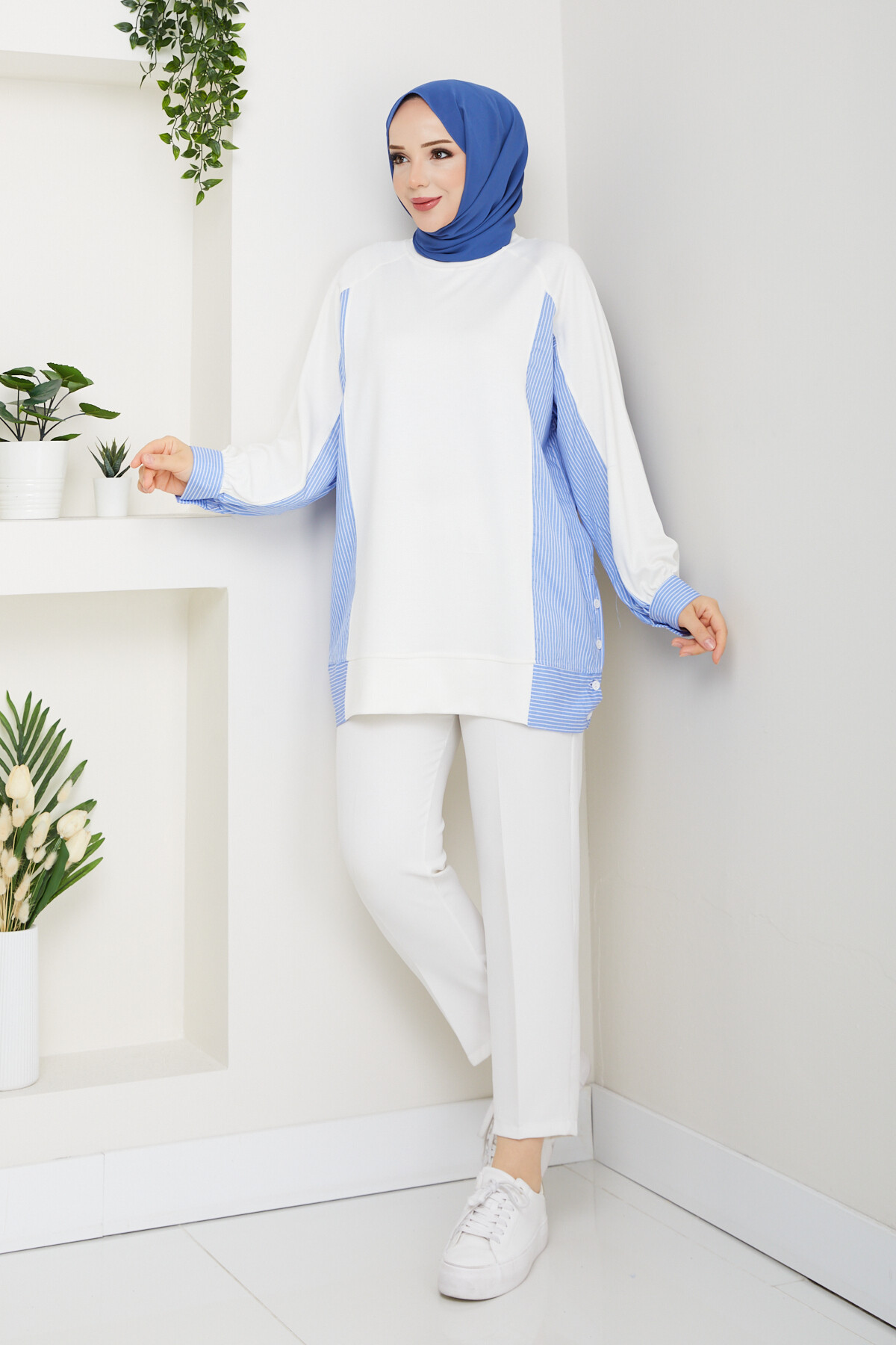 Oysho Yan Düğmeli Çizgi Garnili Tunik Beyaz