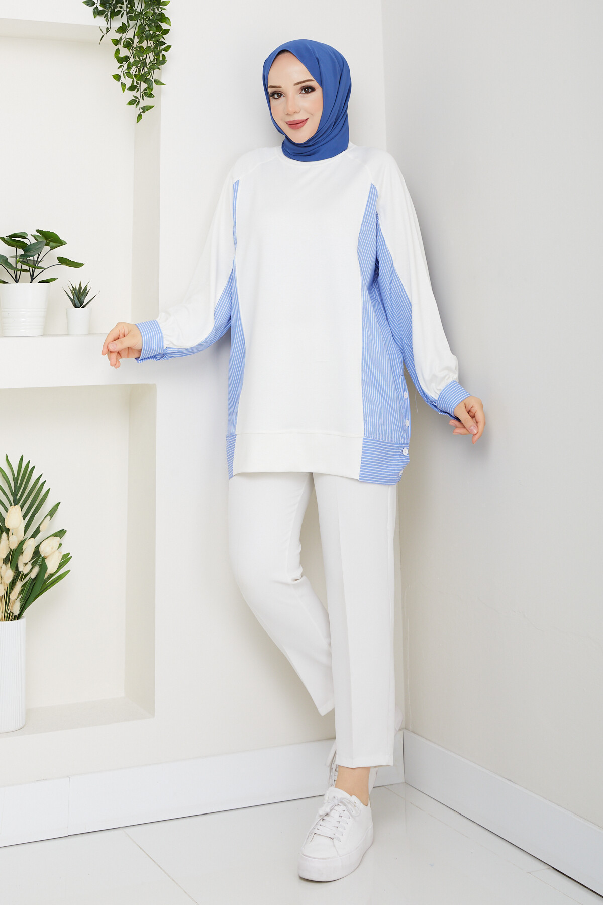 Oysho Yan Düğmeli Çizgi Garnili Tunik Beyaz