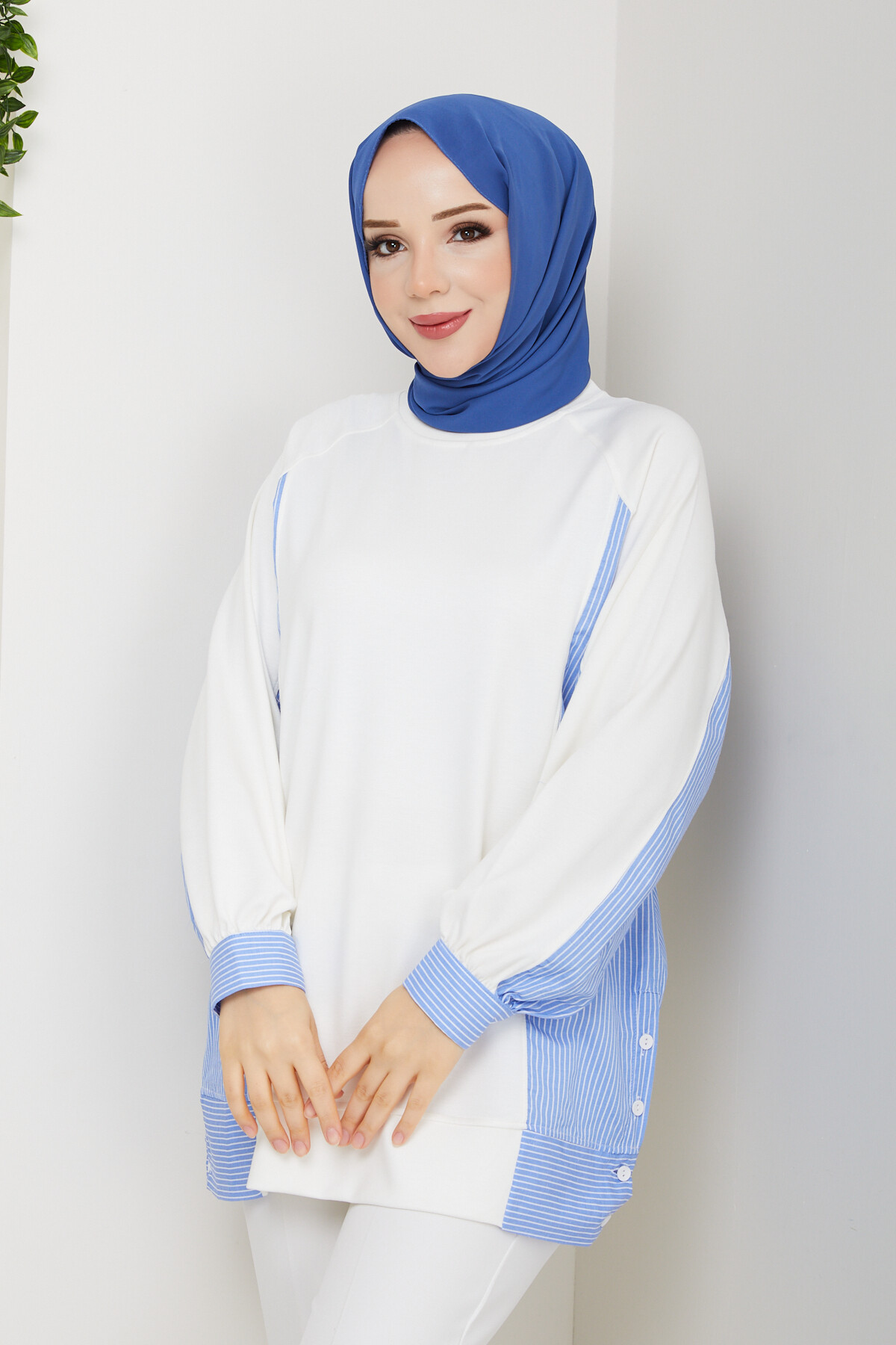 Oysho Yan Düğmeli Çizgi Garnili Tunik Beyaz