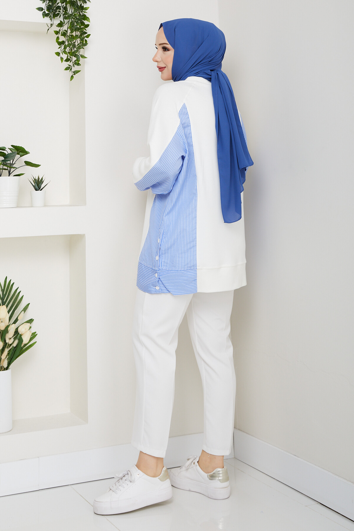 Oysho Yan Düğmeli Çizgi Garnili Tunik Beyaz